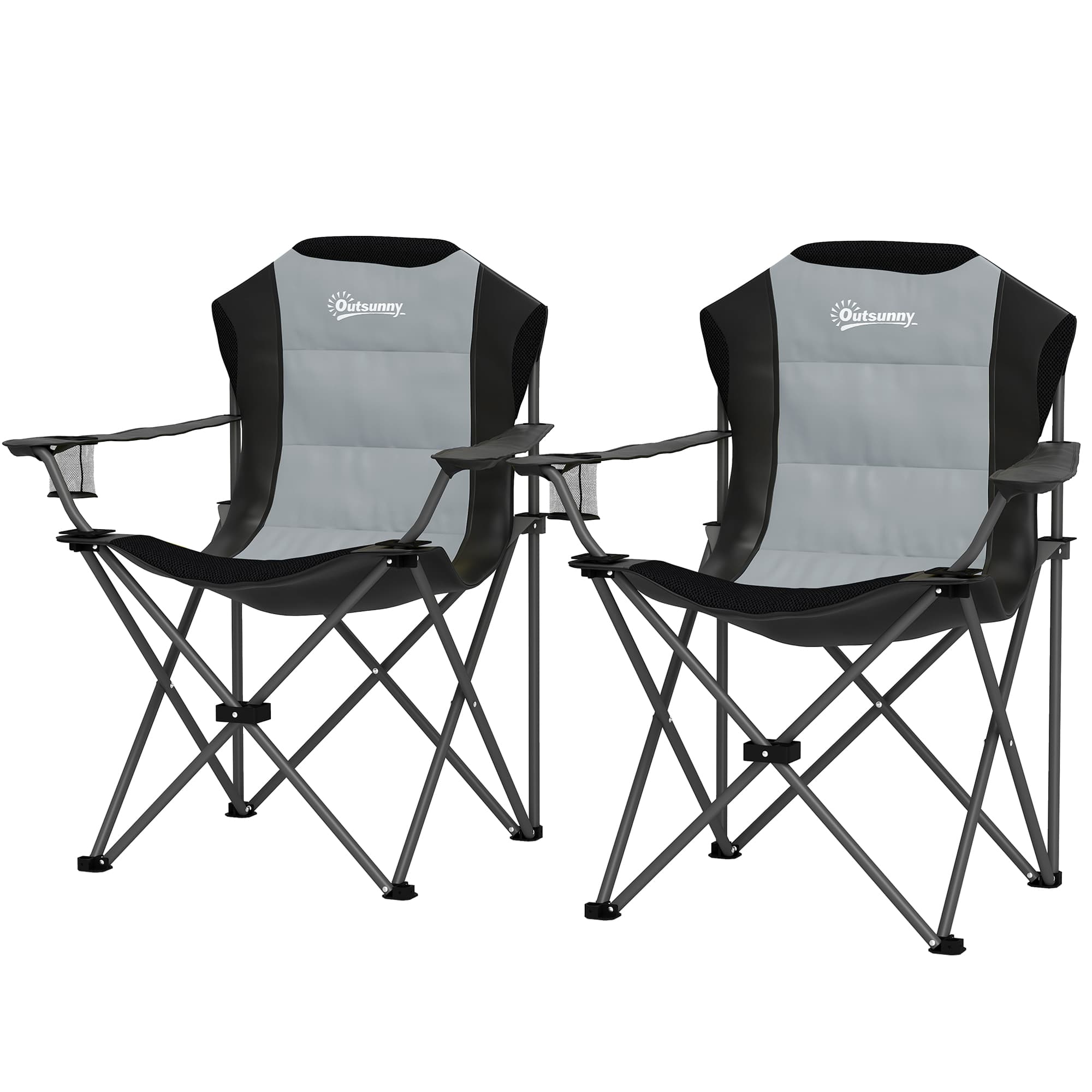 Outsunny Lot de 2 chaise pliante camping rembourrée à dossier haut avec porte-gobelet, charge 120Kg, gris foncé
