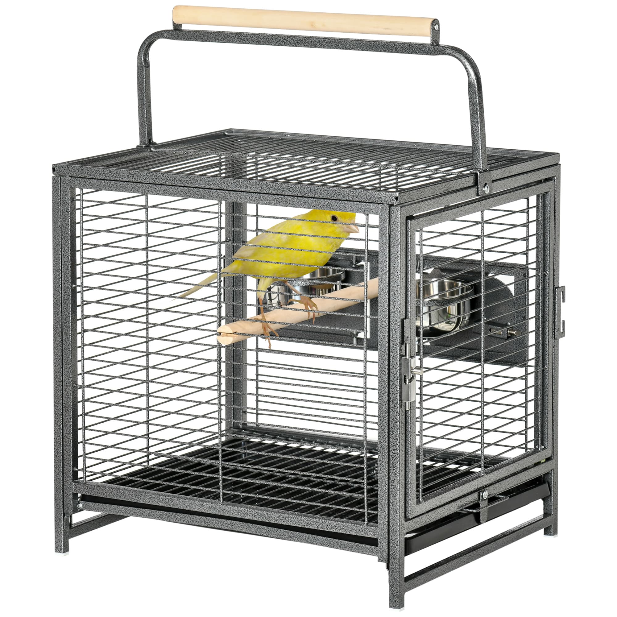 PawHut Cage de transport en acier pour perroquets, cage à oiseaux avec 2 bols en acier inoxydable, 2 perchoirs, plateau, noir