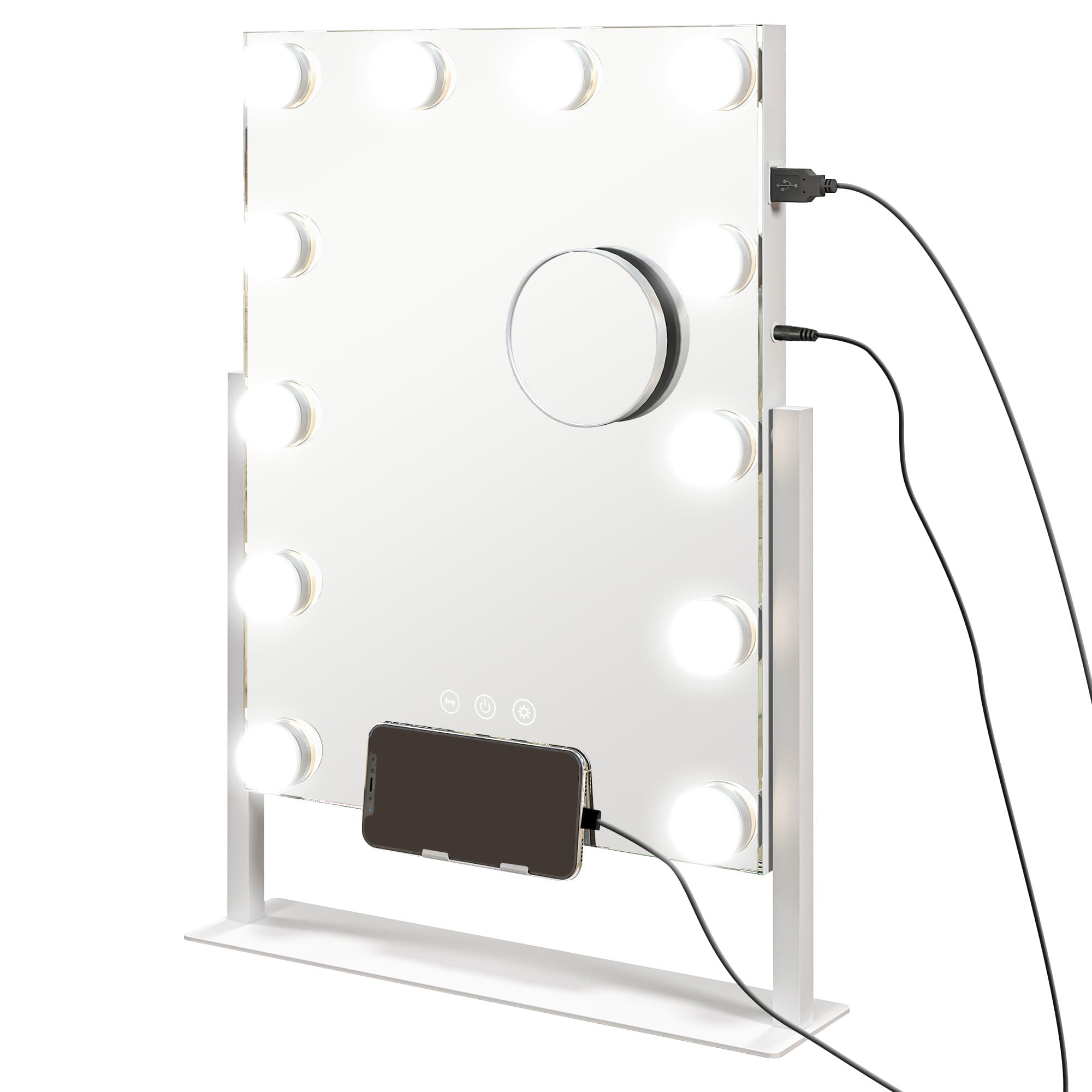 HOMCOM Miroir Hollywood avec LED 12 ampoules, luminosité réglable, rotation à 360°, grossissement 10X, touche tactile, blanc