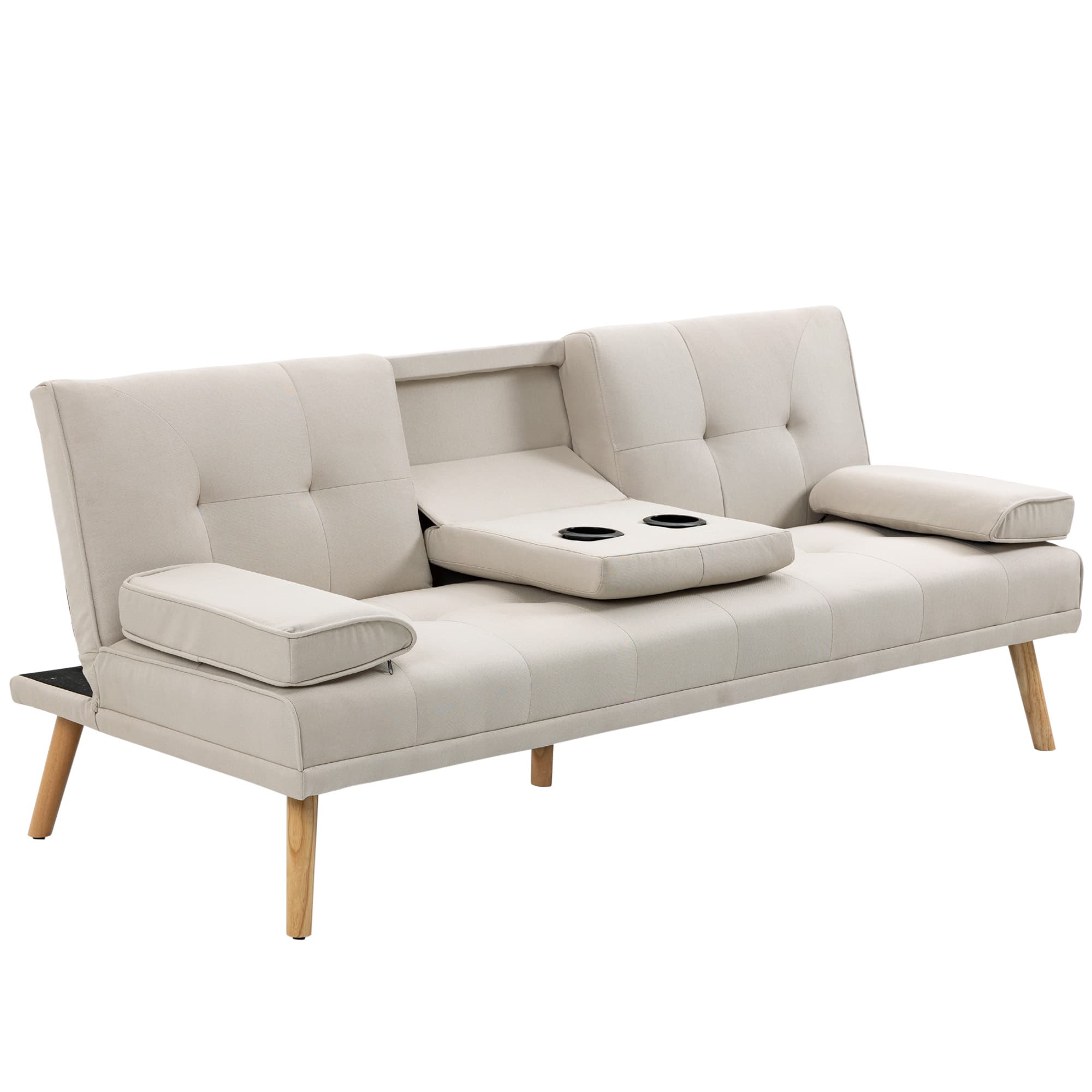 HOMCOM Canapé convertible 3 places design scandinave inclinaison dossier réglable 3 niveaux dossier 2 porte-verres bois massif lin beige