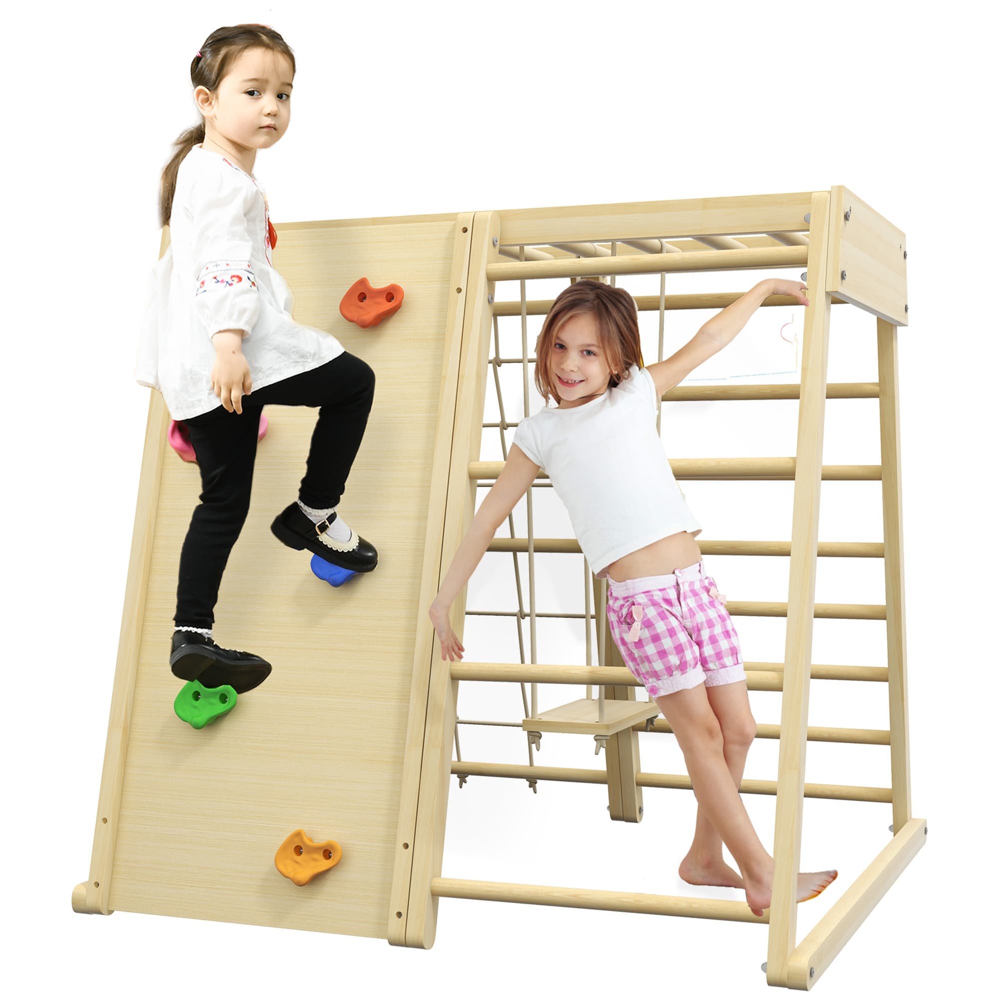 HOMCOM Ensemble d'escalade 5 en 1 avec balançoire mur d'escalade corde et grimpe en bois barres de singe pour enfants