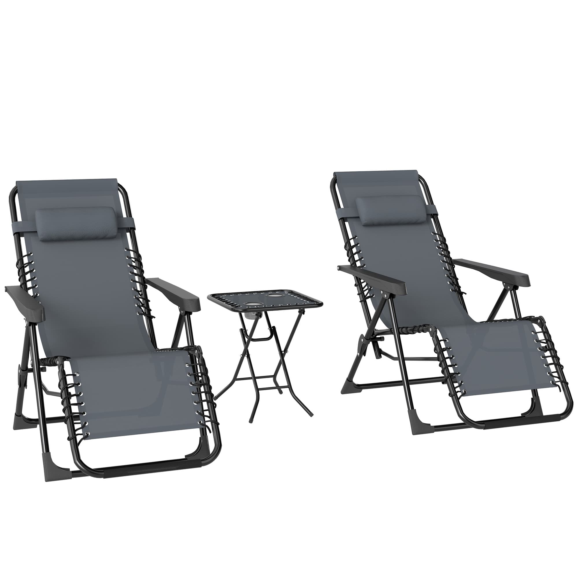 Outsunny Lot de 2 chaise longue pliable et inclinable avec table d'appoint, porte-gobelets et appuie-têtes, charge 120 kg, noir