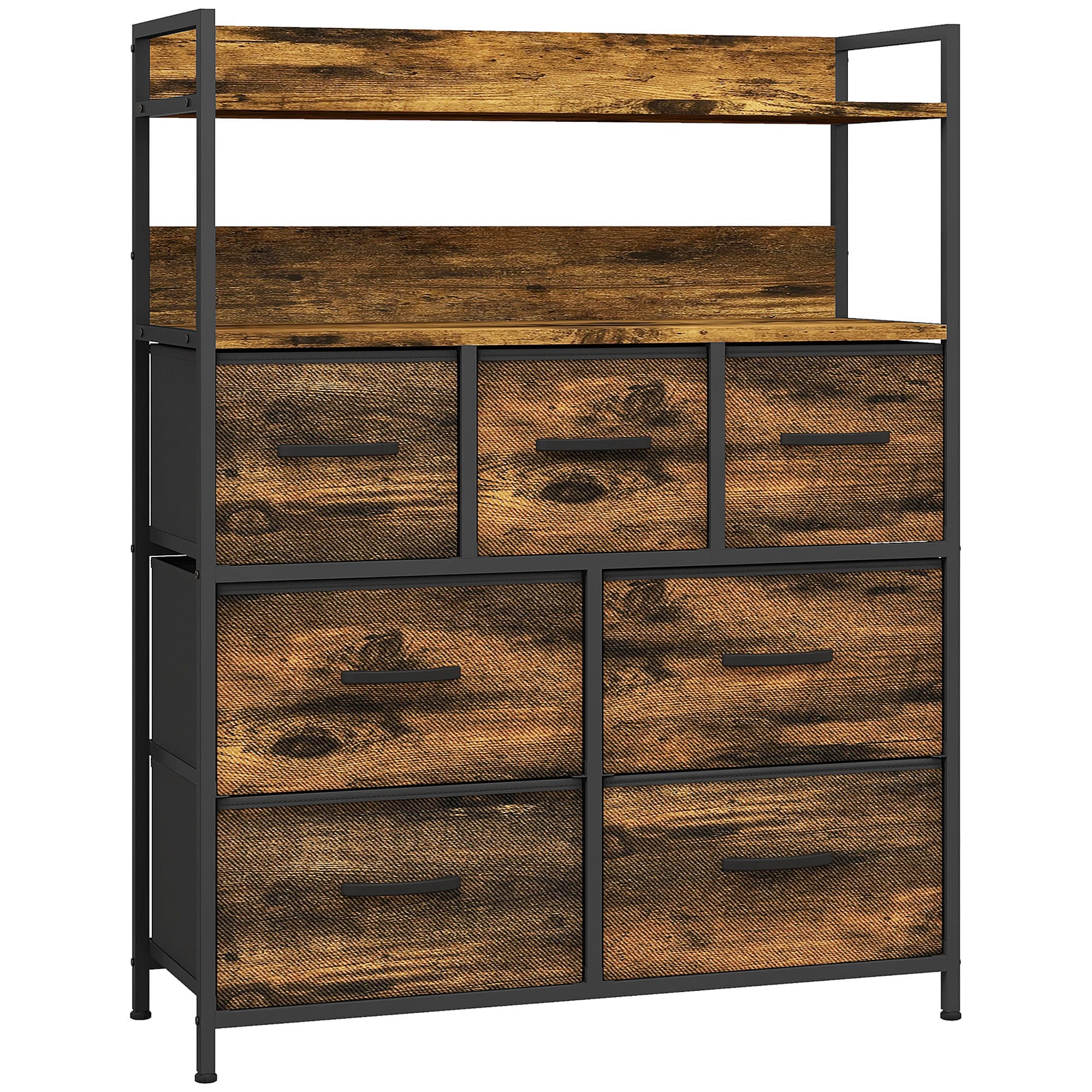 HOMCOM Meuble de rangement commode 7 tiroirs en tissu pliables et amovibles étagères ouvertes, brun rustique