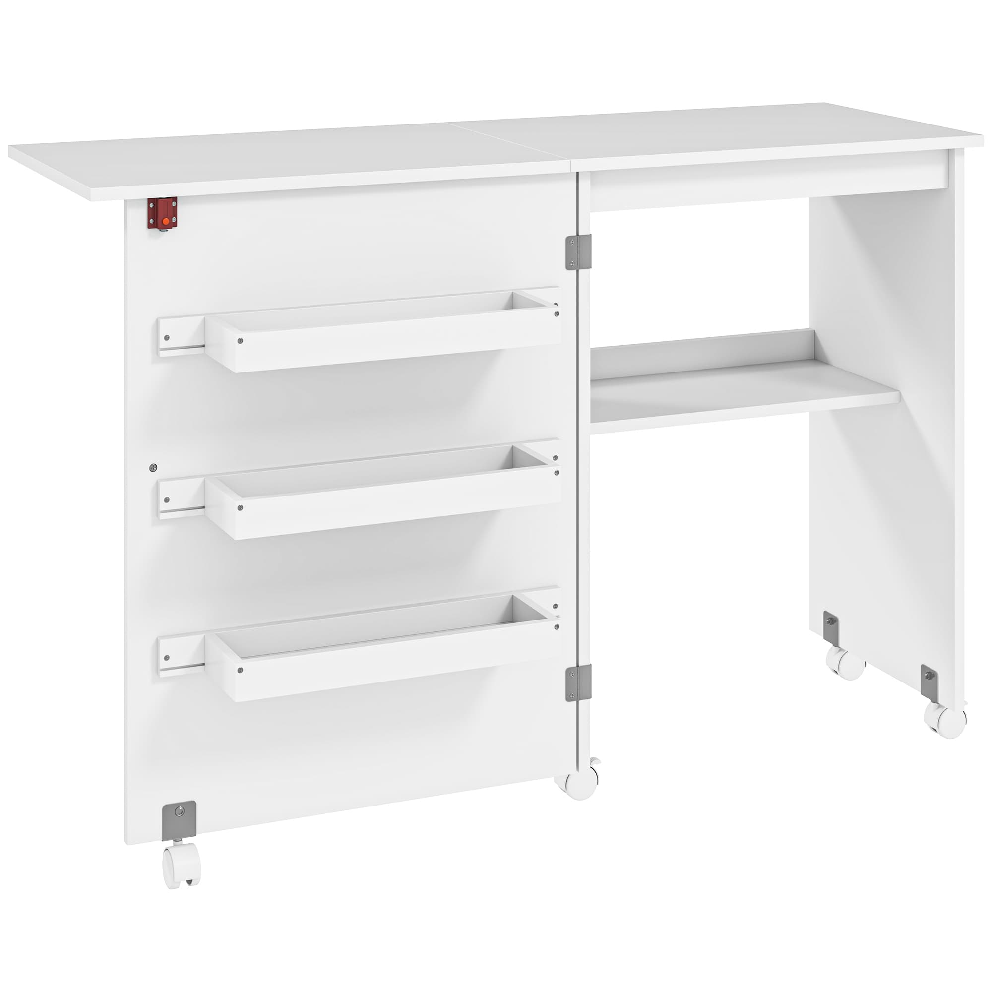 HOMCOM Table de couture pliante meuble couture à abattant avec bacs de rangement, étagère ouverte et roulettes, blanc