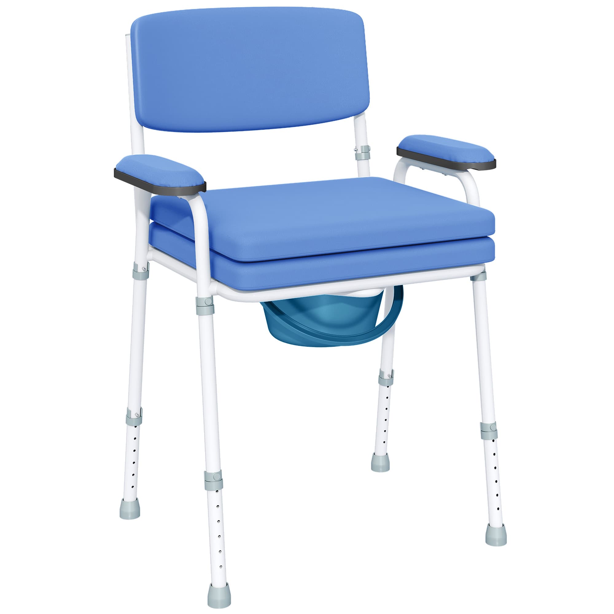 HOMCOM Chaise percée toilette multifonctions seau amovible hauteur réglable avec dossier siège et accoudoirs rembourrés bleu