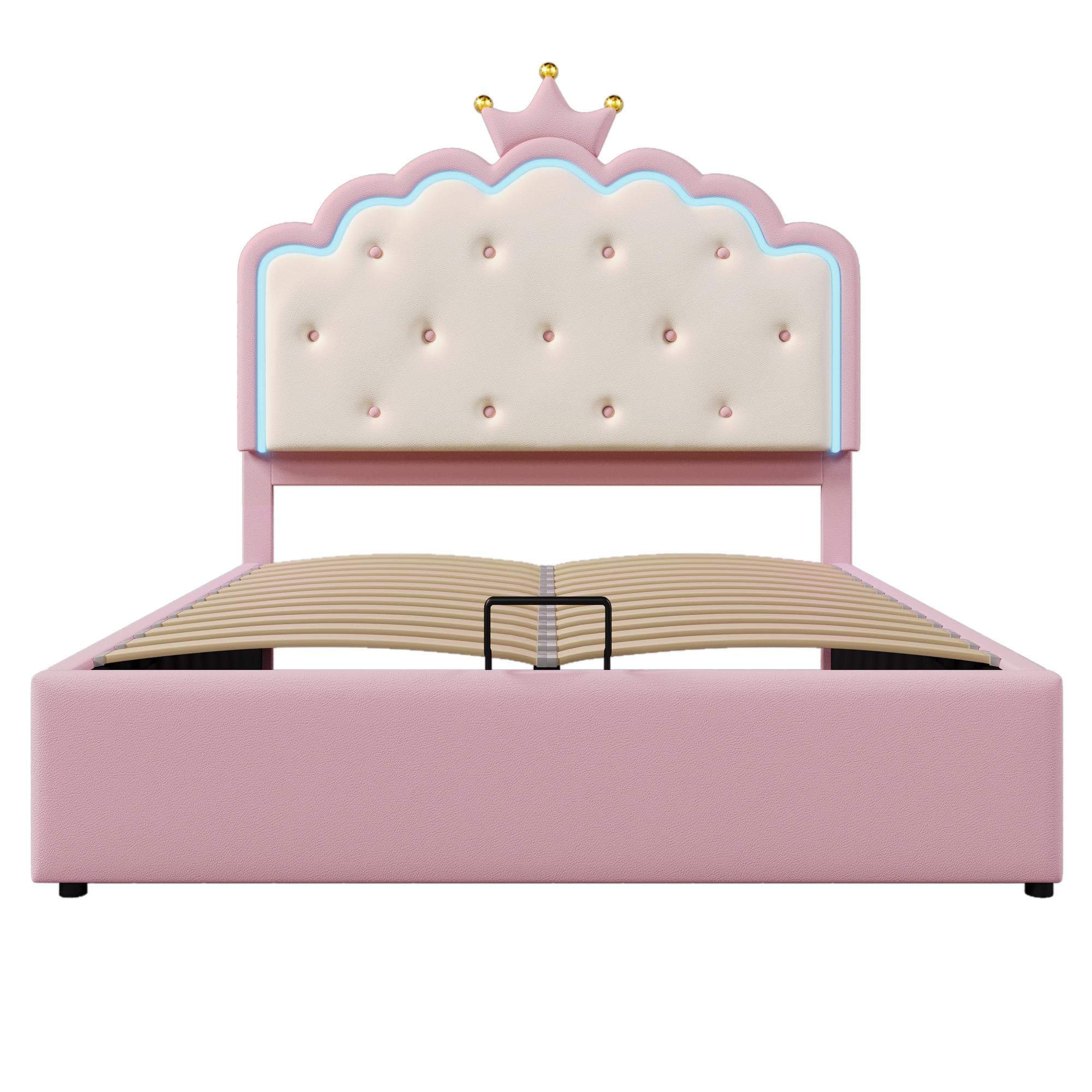 Lit rembourré 140 x 200 cm avec sommier à lattes, forme de couronne, espace de rangement hydraulique, sans matelas, Rose