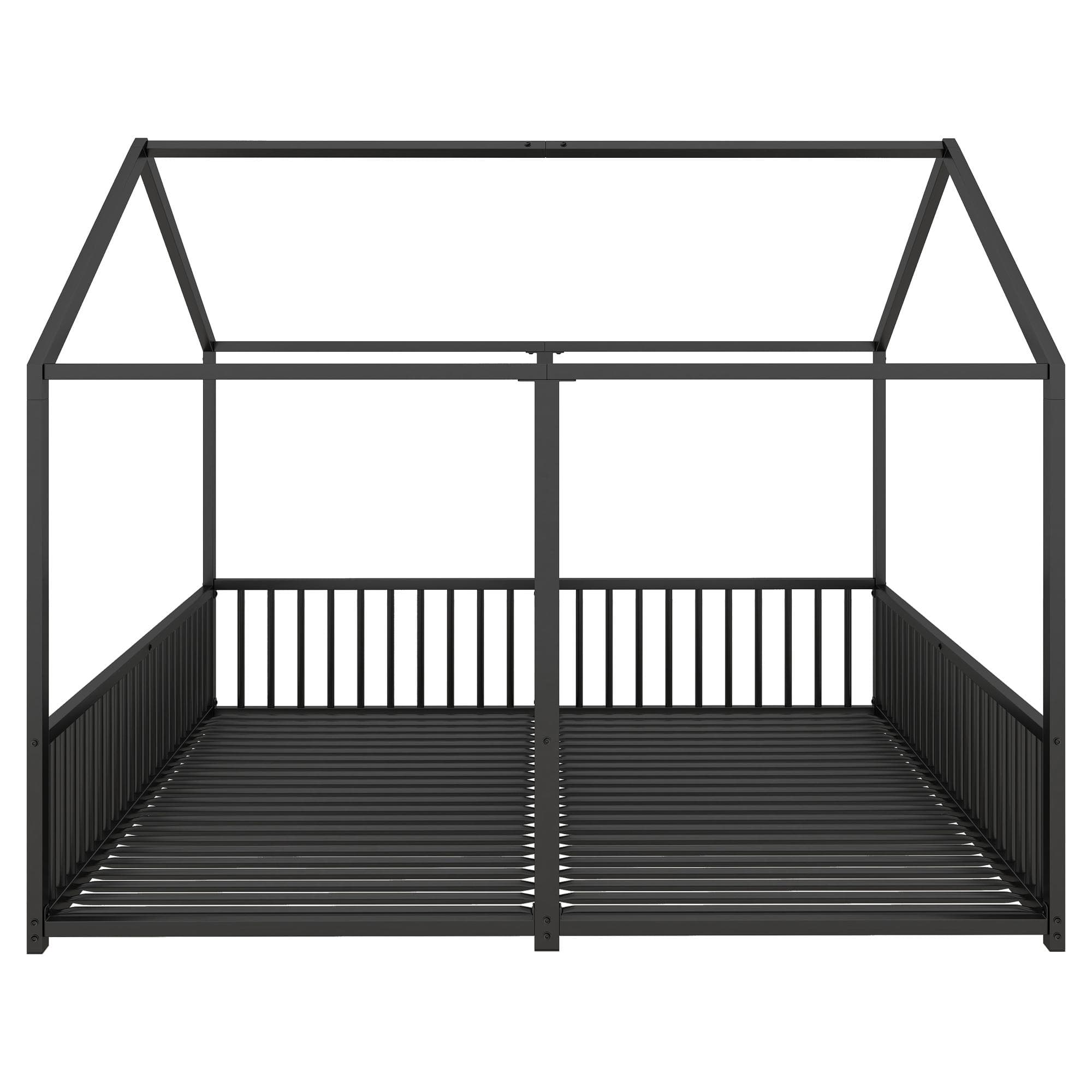 Lit enfant en métal 90×200 cm, design double avec modélisation en forme de maison et garde-corps de sécurité, sans matelas, Noir