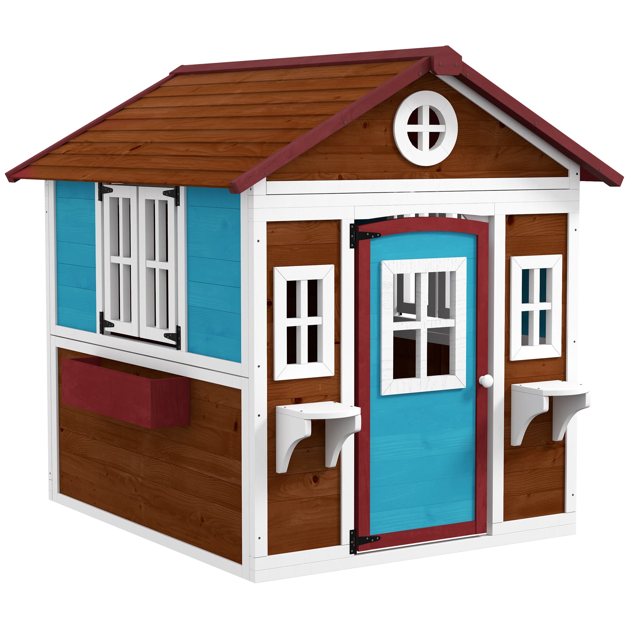 Outsunny Cabane enfant extérieur maison enfant extérieure avec porte fenêtres et jardinières 114 x 126,4 x 135 cm Marron