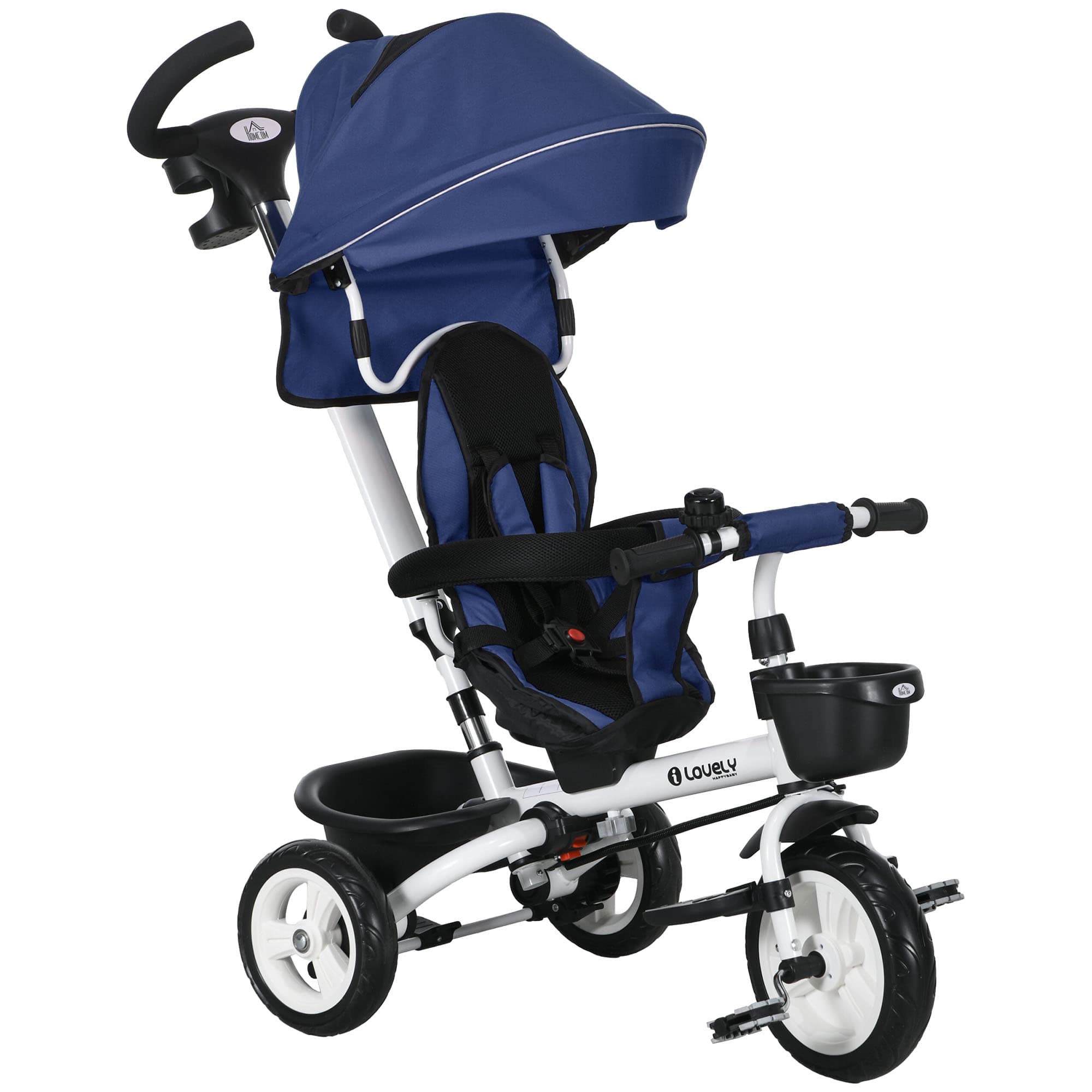 HOMCOM Tricycle 6 en 1 pour enfants, poignée de poussée, siège réversible, panier, auvent, ceinture de sécurité, 1-5 ans, vert