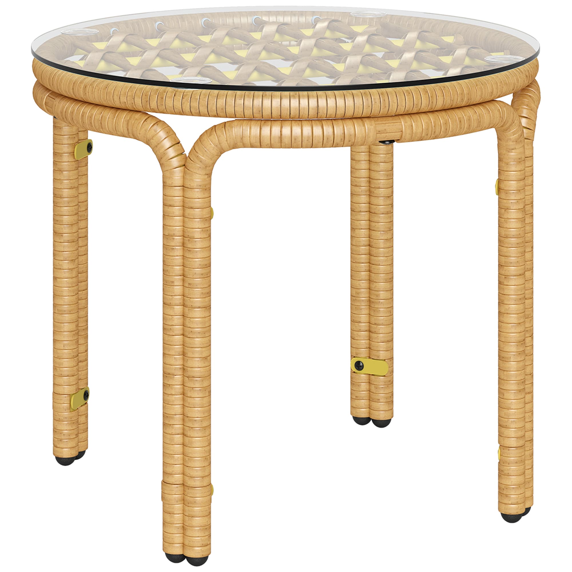 Outsunny Table d'appoint en résine tressée ronde, table basse de jardin avec plaque verre, facile à nettoyer Ø 50 x 44 cm, jaune