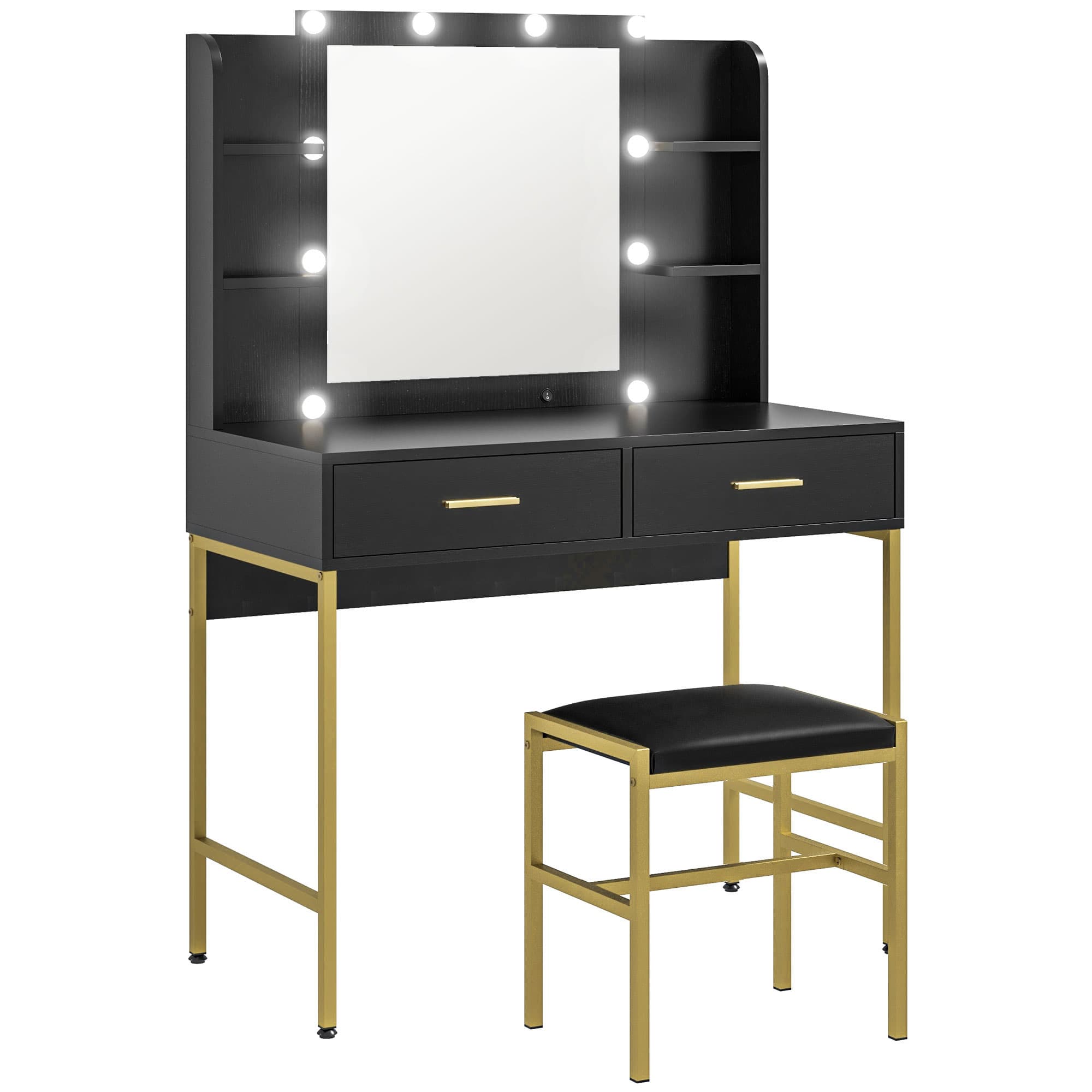 HOMCOM Coiffeuse avec miroir et éclairage intégré, tabouret rembourré, 2 tiroirs, étagères, coiffeuse moderne, noir