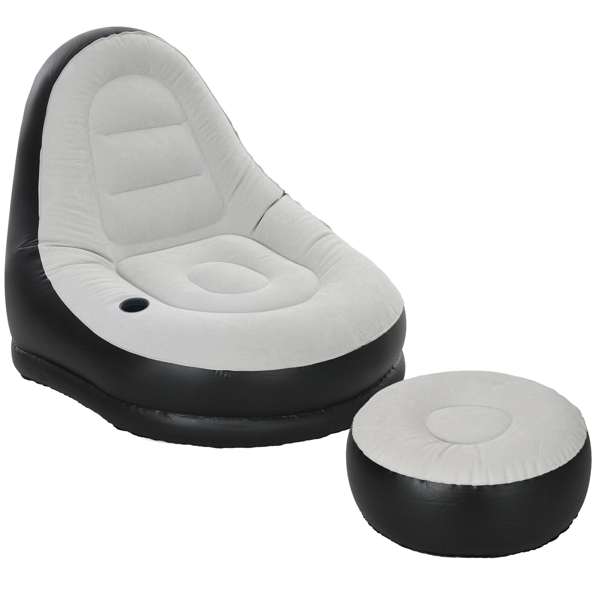 Outsunny Canapé gonflable et repose-pieds, tissu aspect peluche doux et porte-gobelet, gris