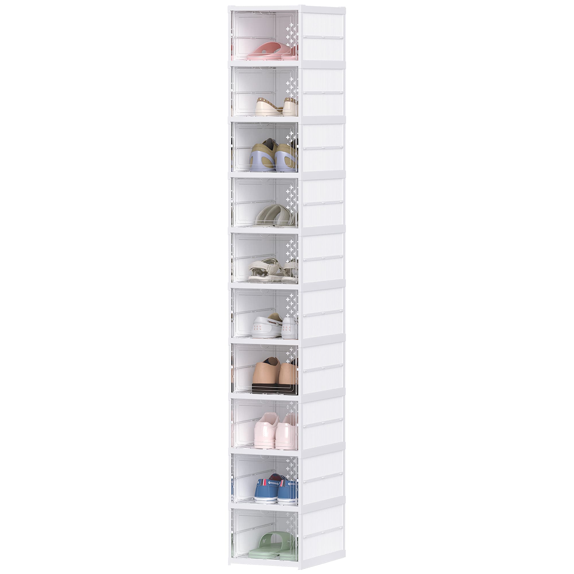 HOMCOM Lot de 10 boîtes à chaussures pliables en plastique empilables avec couvercles, pour pointure jusqu'à 43, blanc