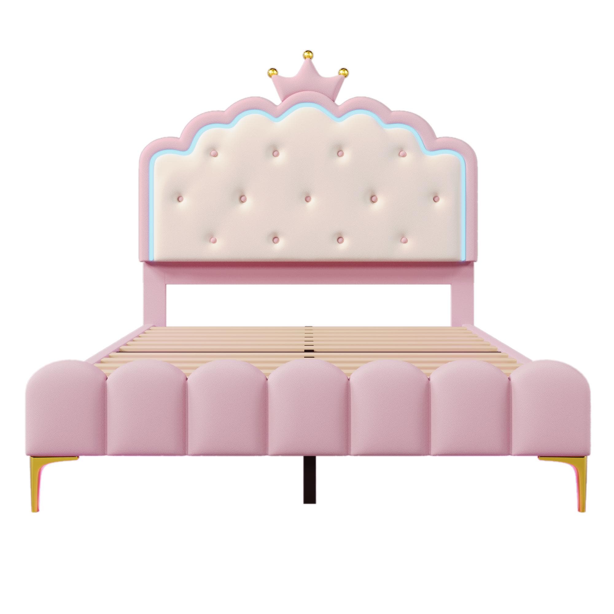 Lit rembourré 140x200 cm avec sommier à lattes, éclairage d'ambiance et forme de princesse, sans matelas, Rose