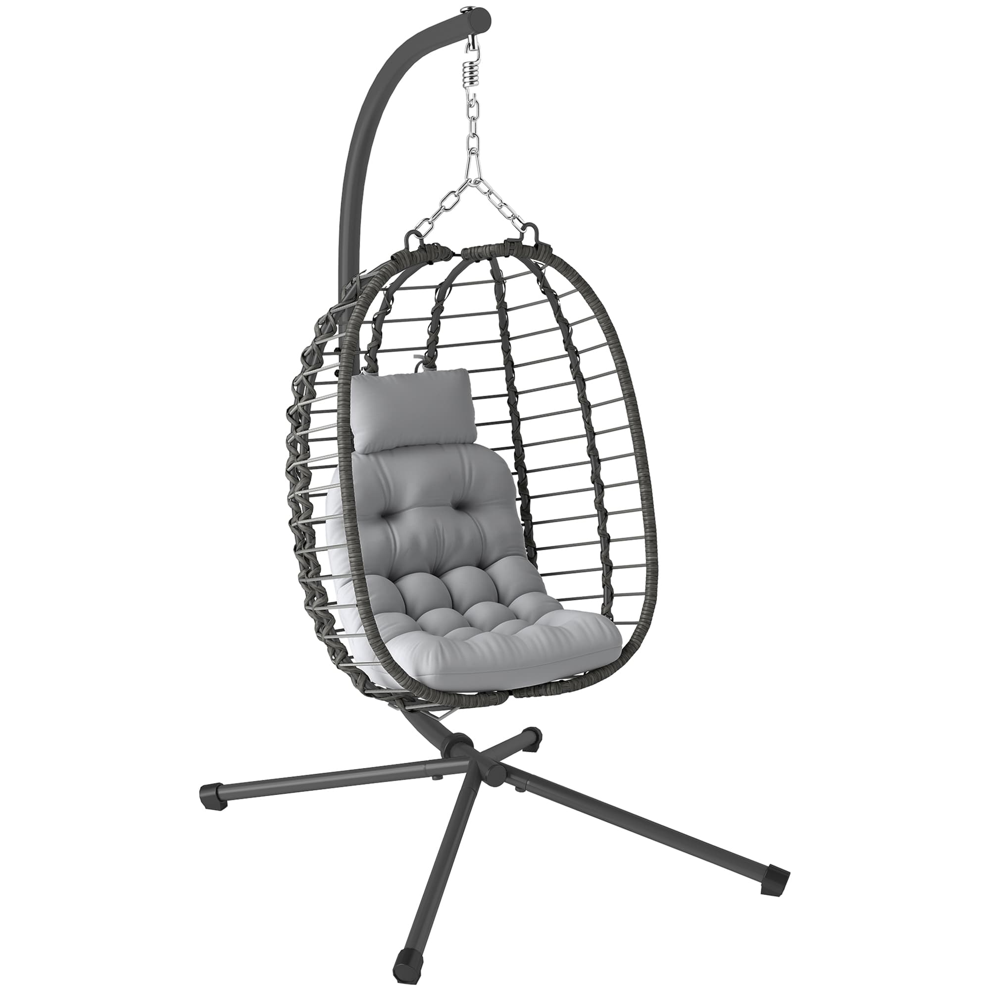 Outsunny Fauteuil suspendu pliable en résine tressée avec support, coussin et oreiller hauteur réglable, gris