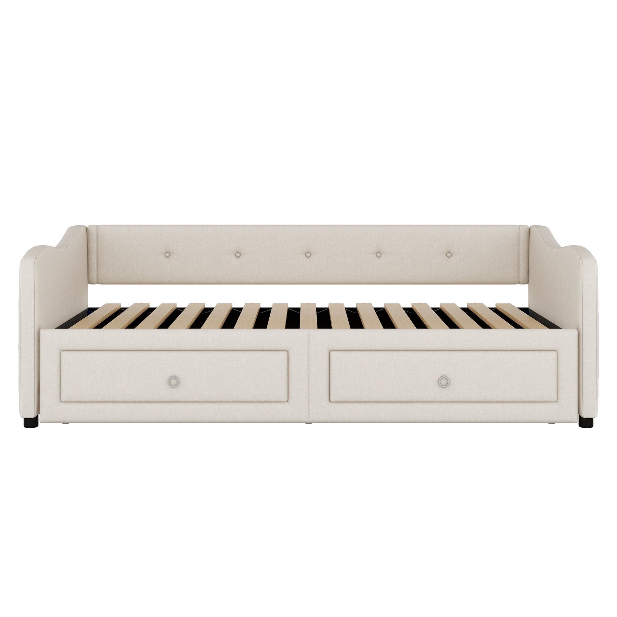 Lit de jour 90x200 cm,avec lit gigogne et 2 tiroirs, sans matelas, Beige