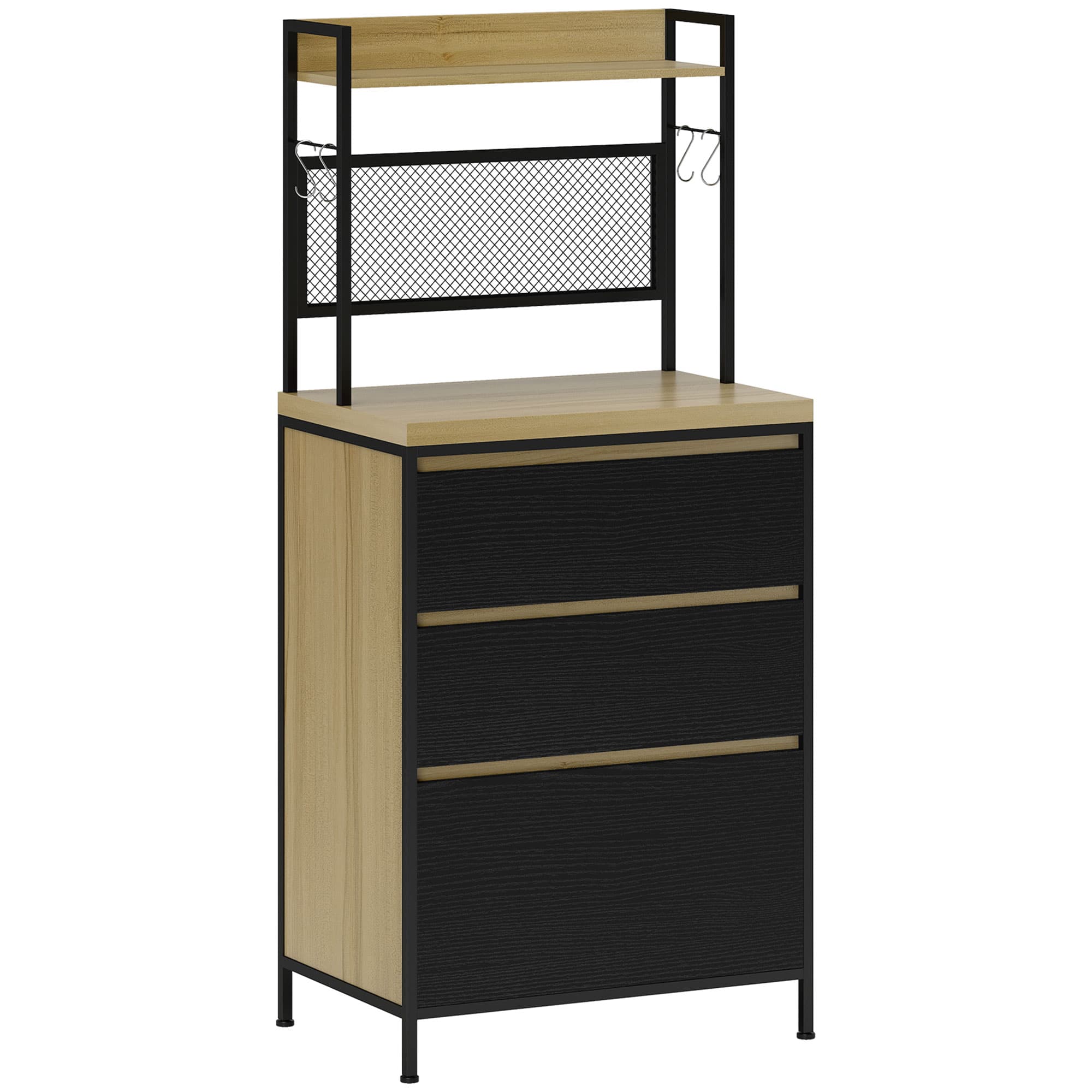 HOMCOM Armoire de cuisine style industriel avec 3 tiroirs, plan de travail, étagère et 4 crochets, 60x40x132cm