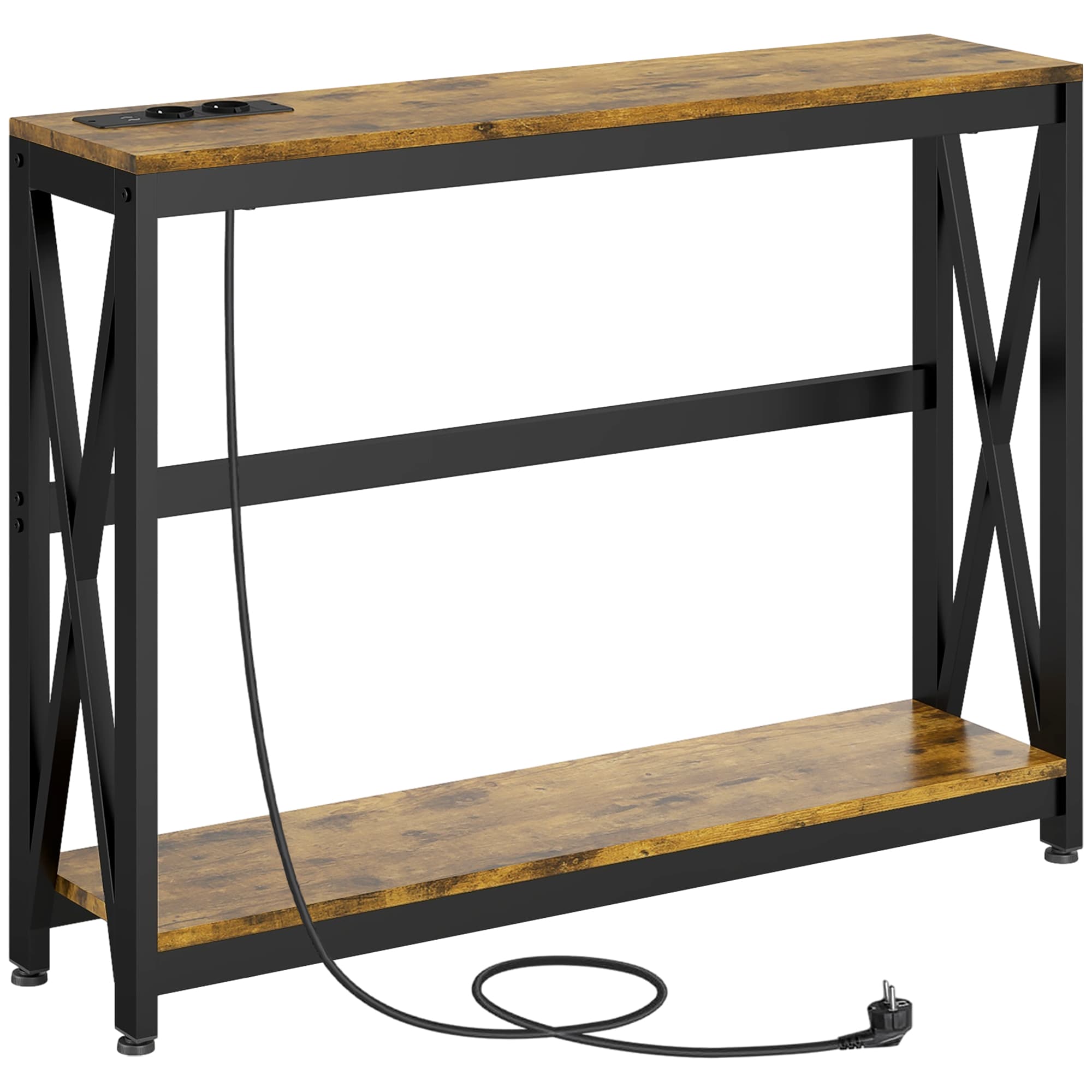 HOMCOM Console meuble étroite à 2 niveaux style industriel avec prises de courant et USB, 100 x 24 x 75 cm, marron