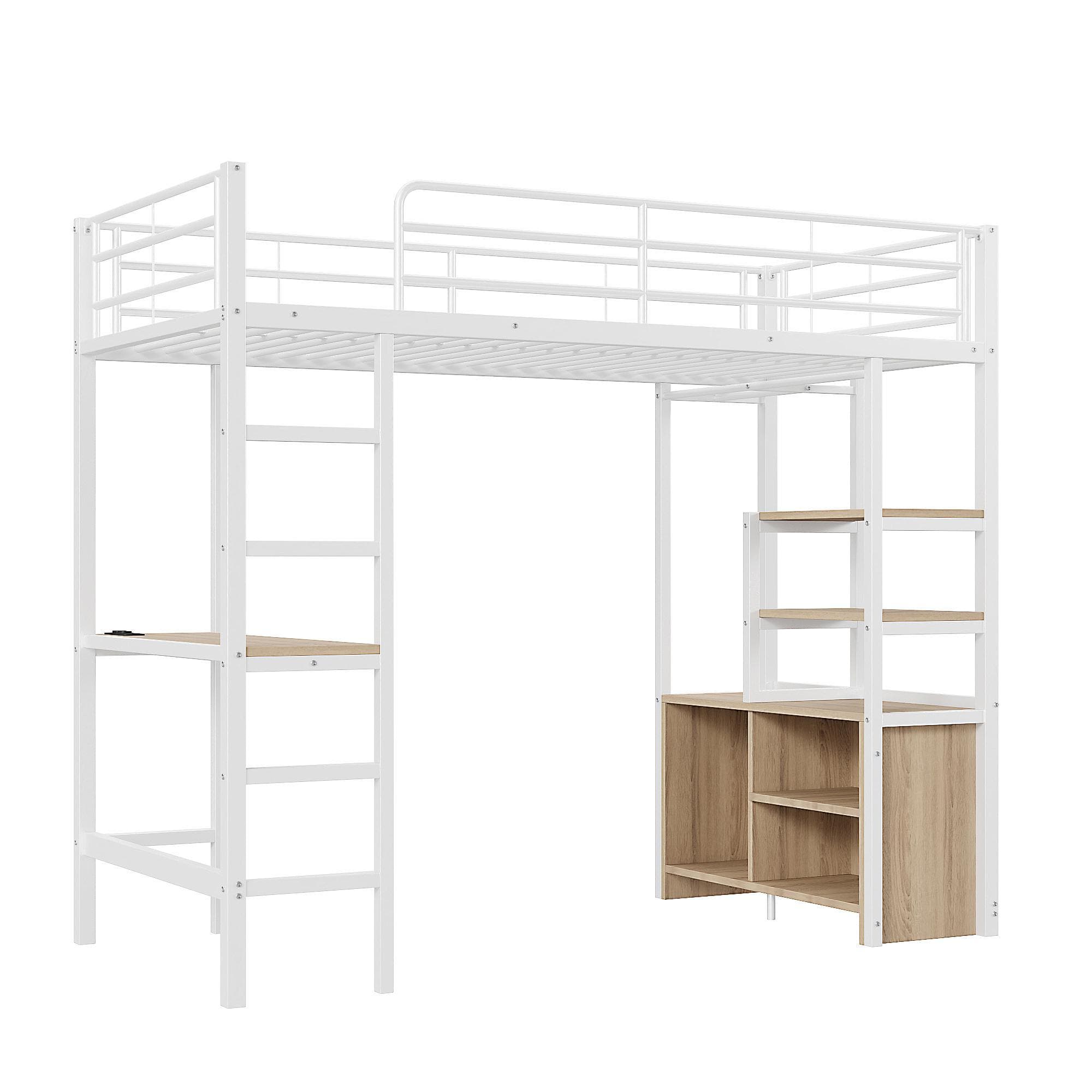 Lit mezzanine avec bureau 90×200 cm, armoire de rangement ouverte, avec garde-corps & échelle, sans matelas, Blanc