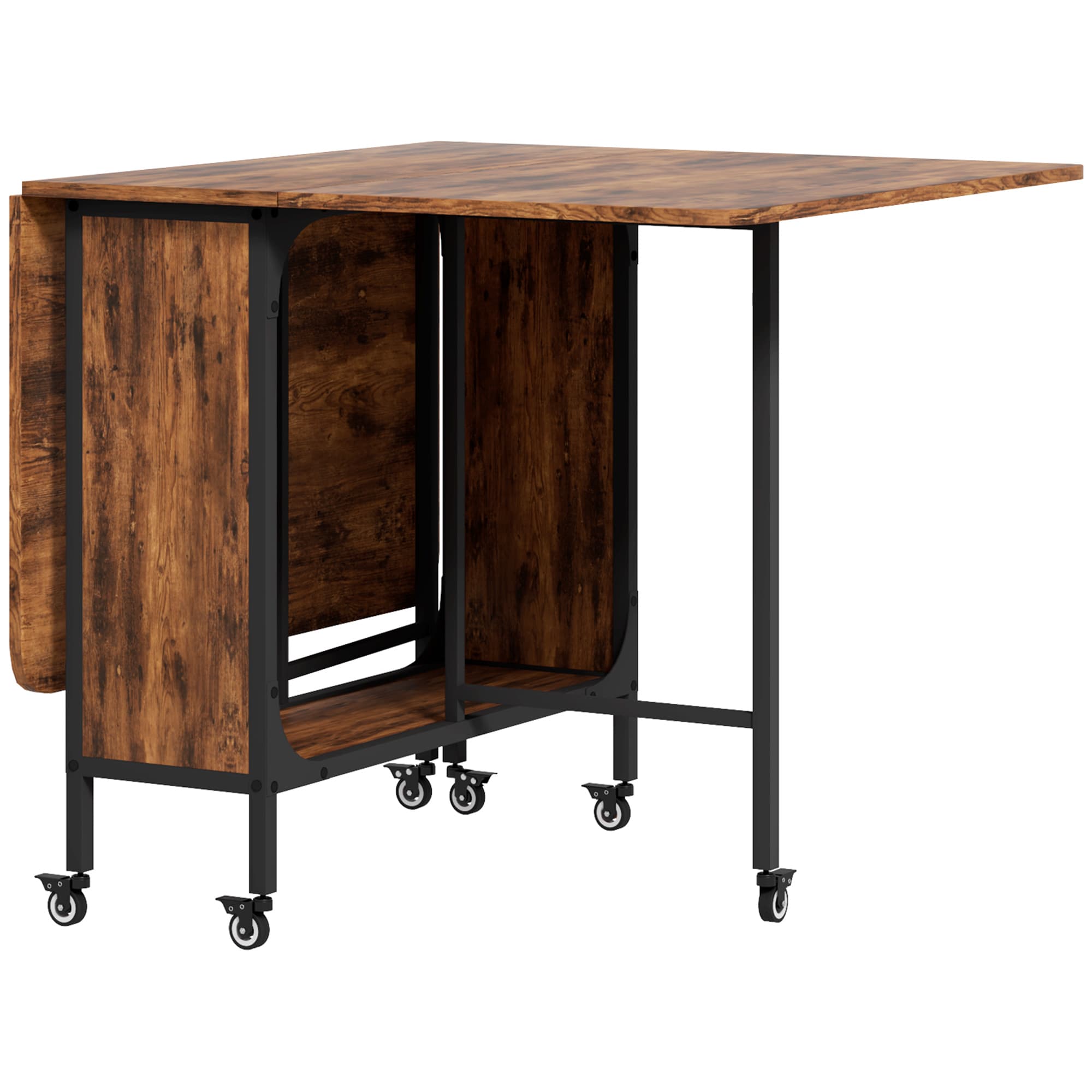 HOMCOM Table pliante de cuisine extensible salle à manger sur roulettes jusqu'à 6 personnes étagère intégrée, 6 roues, Marron