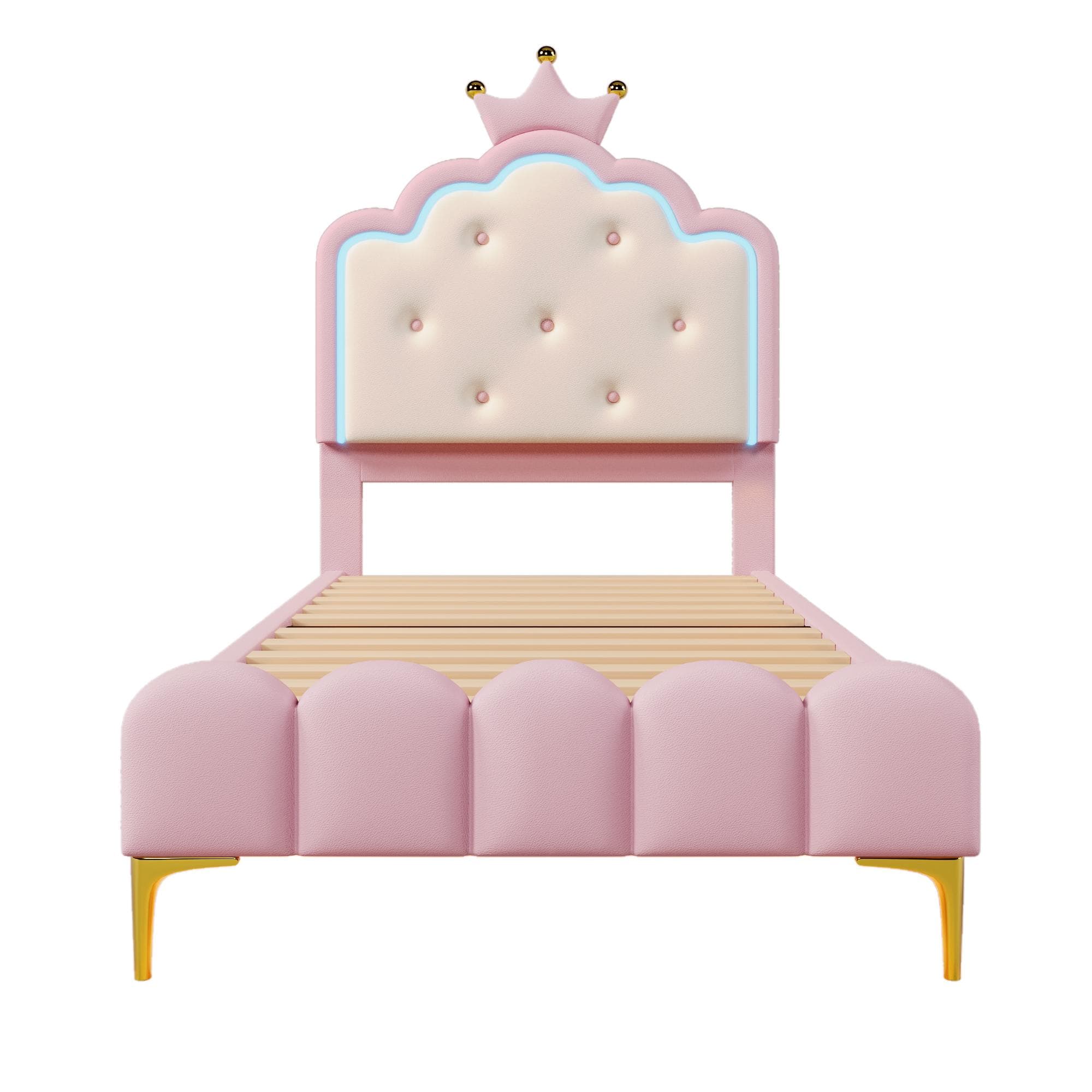 Lit rembourré 90x200 cm avec sommier à lattes, éclairage LED d'ambiance et design princesse, sans matelas, Rose