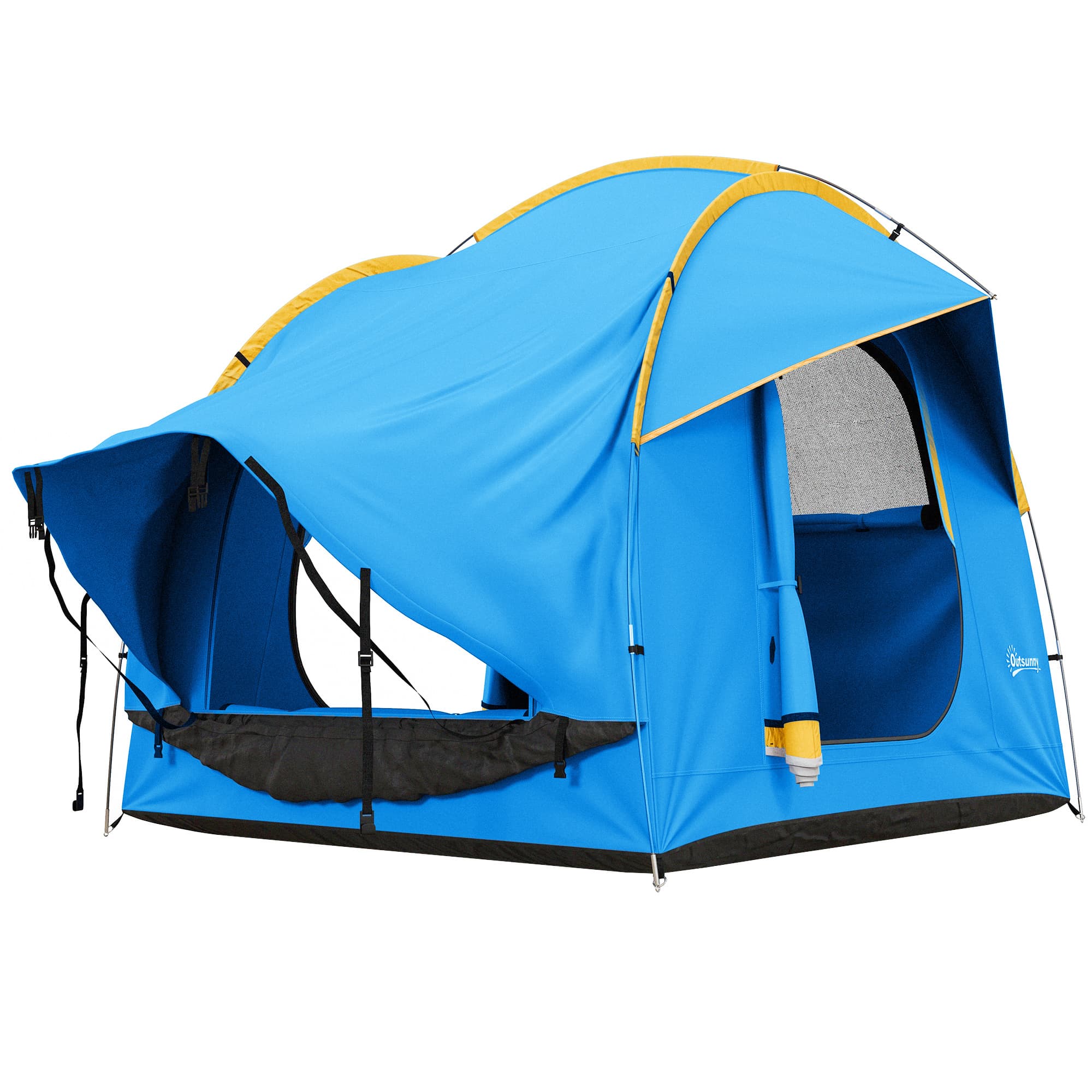 Outsunny Tente de voiture pour SUV hayon 5-6 personnes avec 3 portes, fenêtre en maille, pour trekking, randonnée, bleu et orange