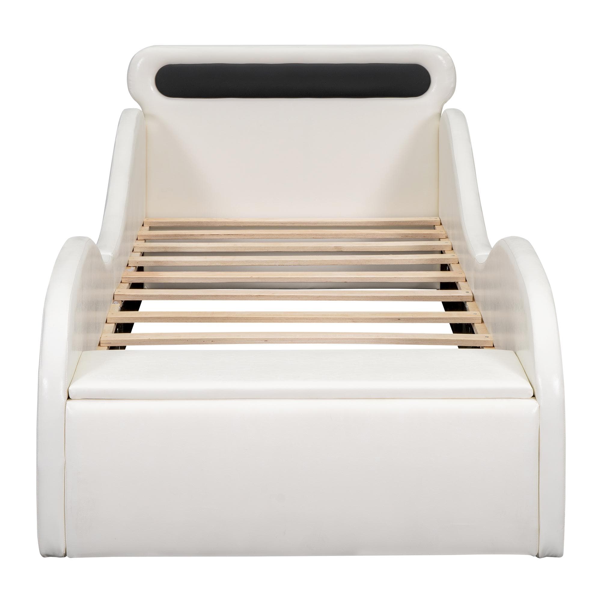Lit rembourré design voiture 90x200 cm, lit pour enfants avec roues lumineuses et espace de rangement, sans matelas, Blanc