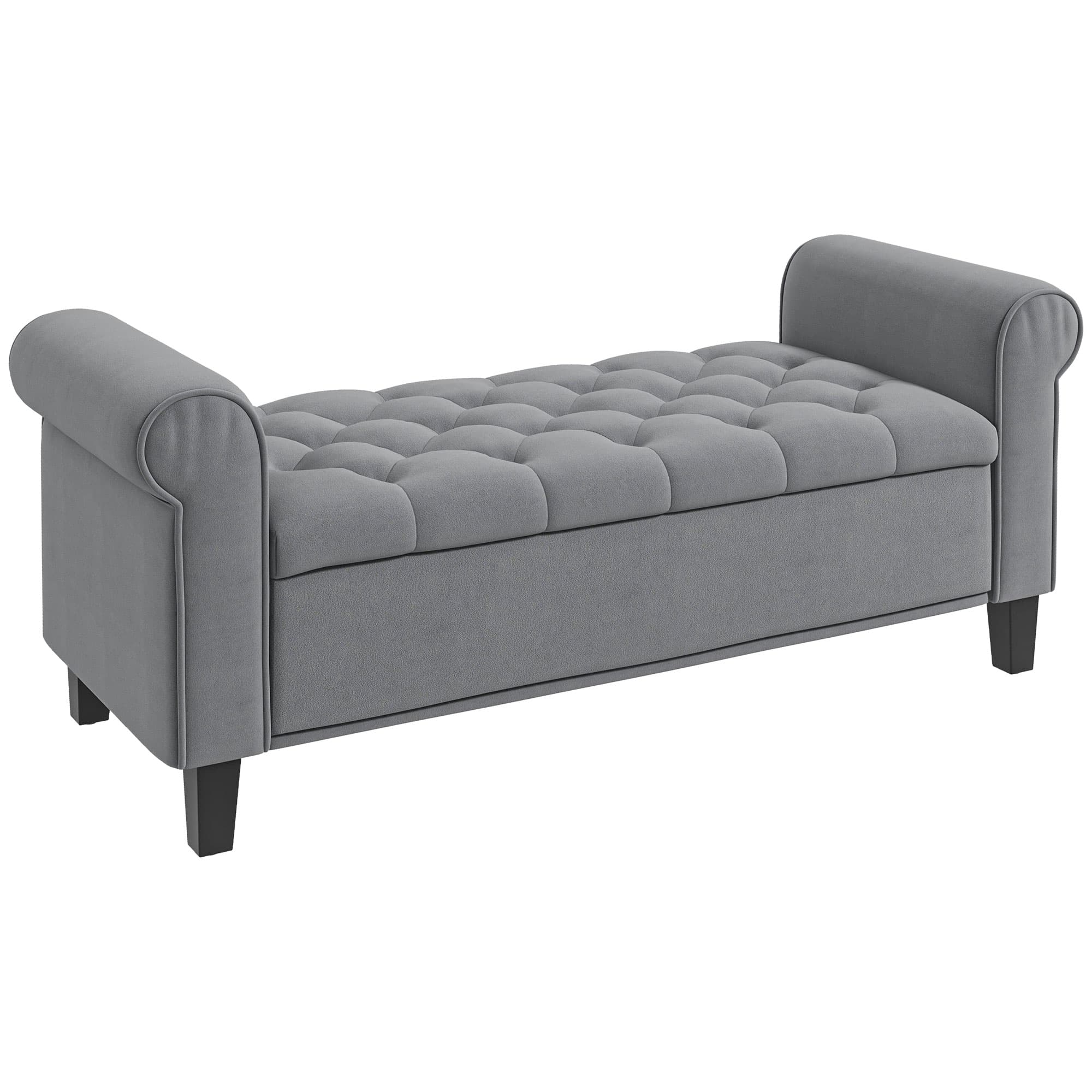 HOMCOM Banc de rangement bout de lit avec accoudoirs, tissu effet velours rembourré et capitonné, 126 x 48,5 x 57 cm, gris