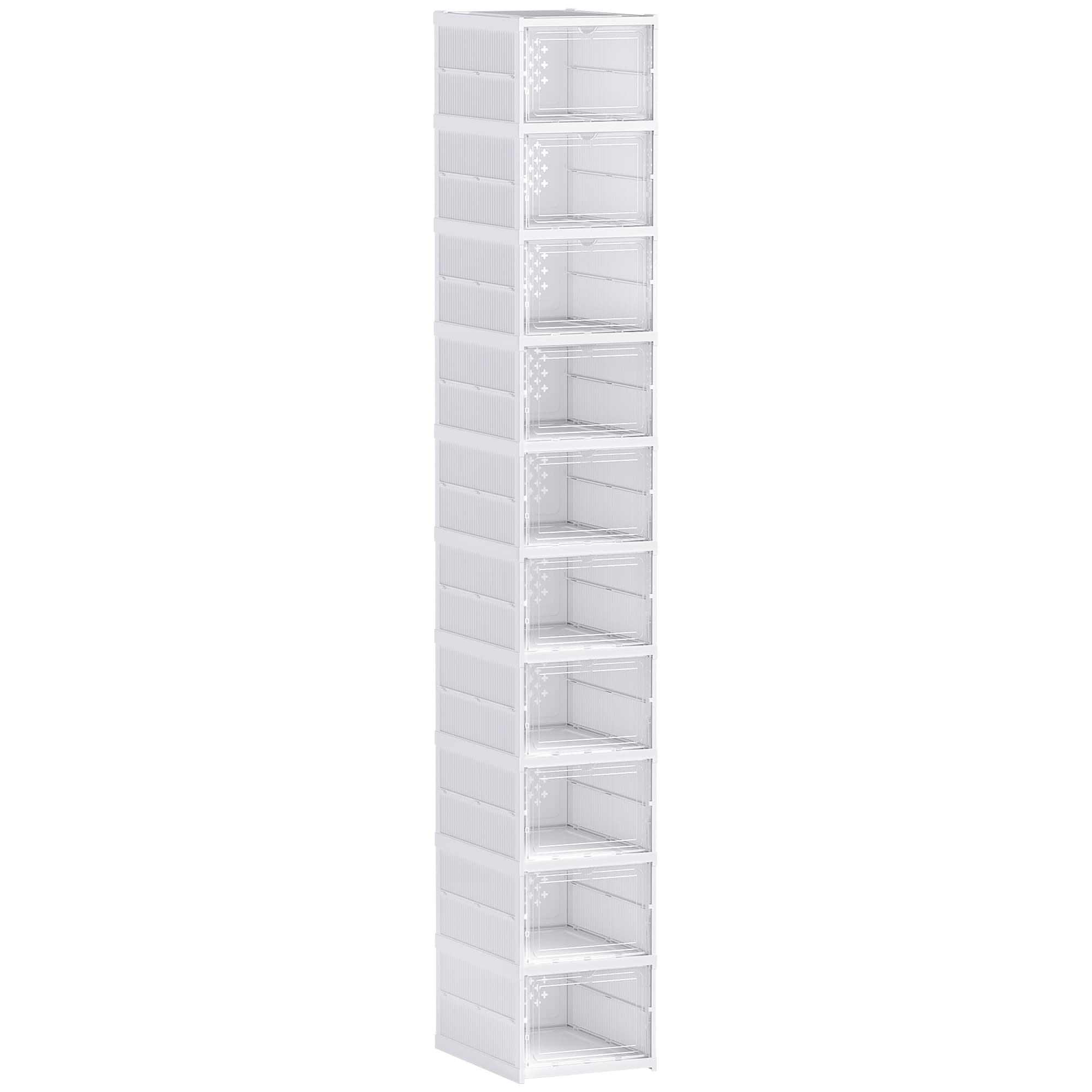 HOMCOM Lot de 10 boîtes à chaussures pliables en plastique empilables avec couvercles, pour pointure jusqu'à 43, blanc