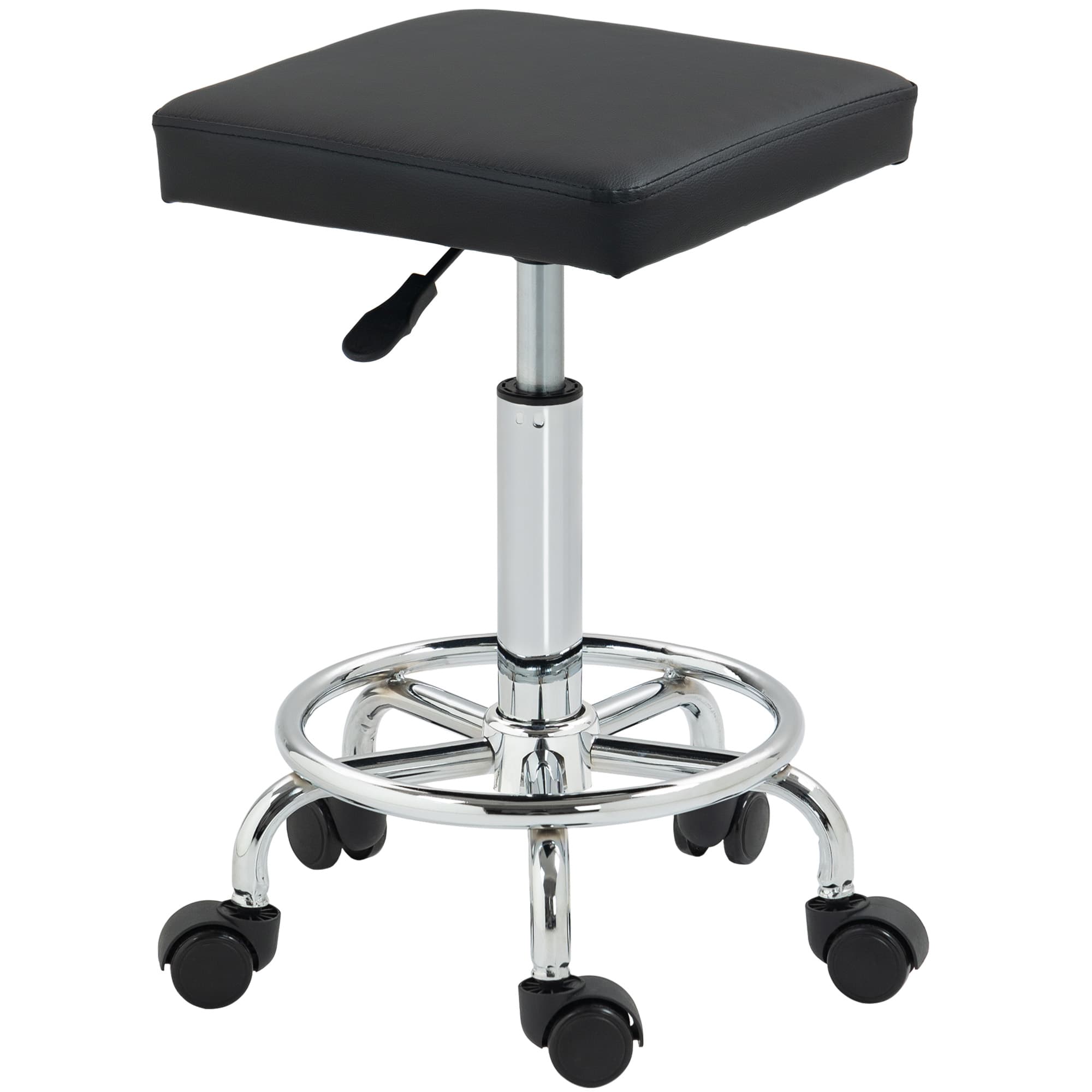 HOMCOM Tabouret à roulettes carré avec hauteur réglable 50-66 cm et repose-pieds, pour massage, tatouage, clinique, spa, noir