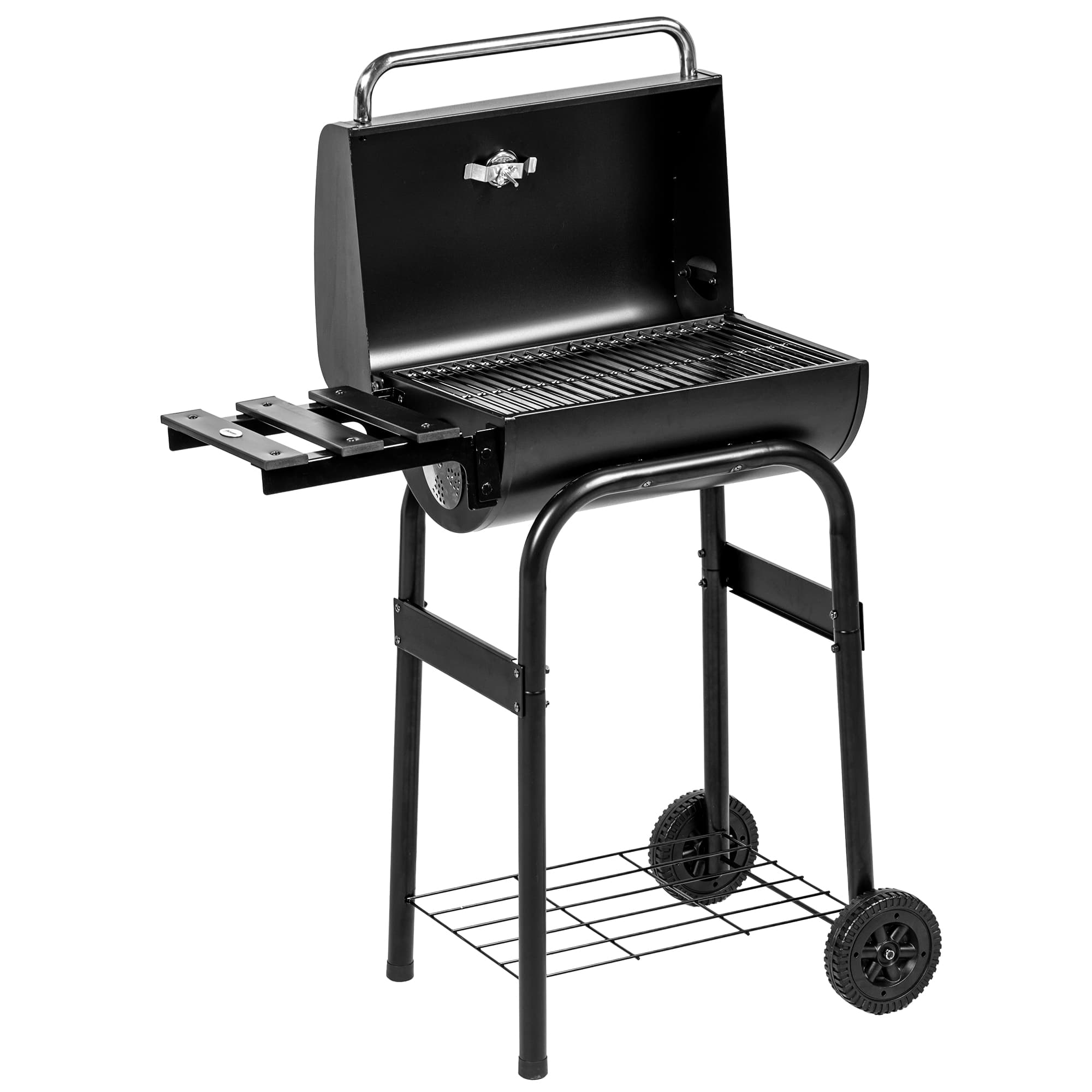 Outsunny Barbecue au charbon de bois chariot de BBQ, avec étagères, roulettes, couvercle, thermomètre, cheminée, en métal noir