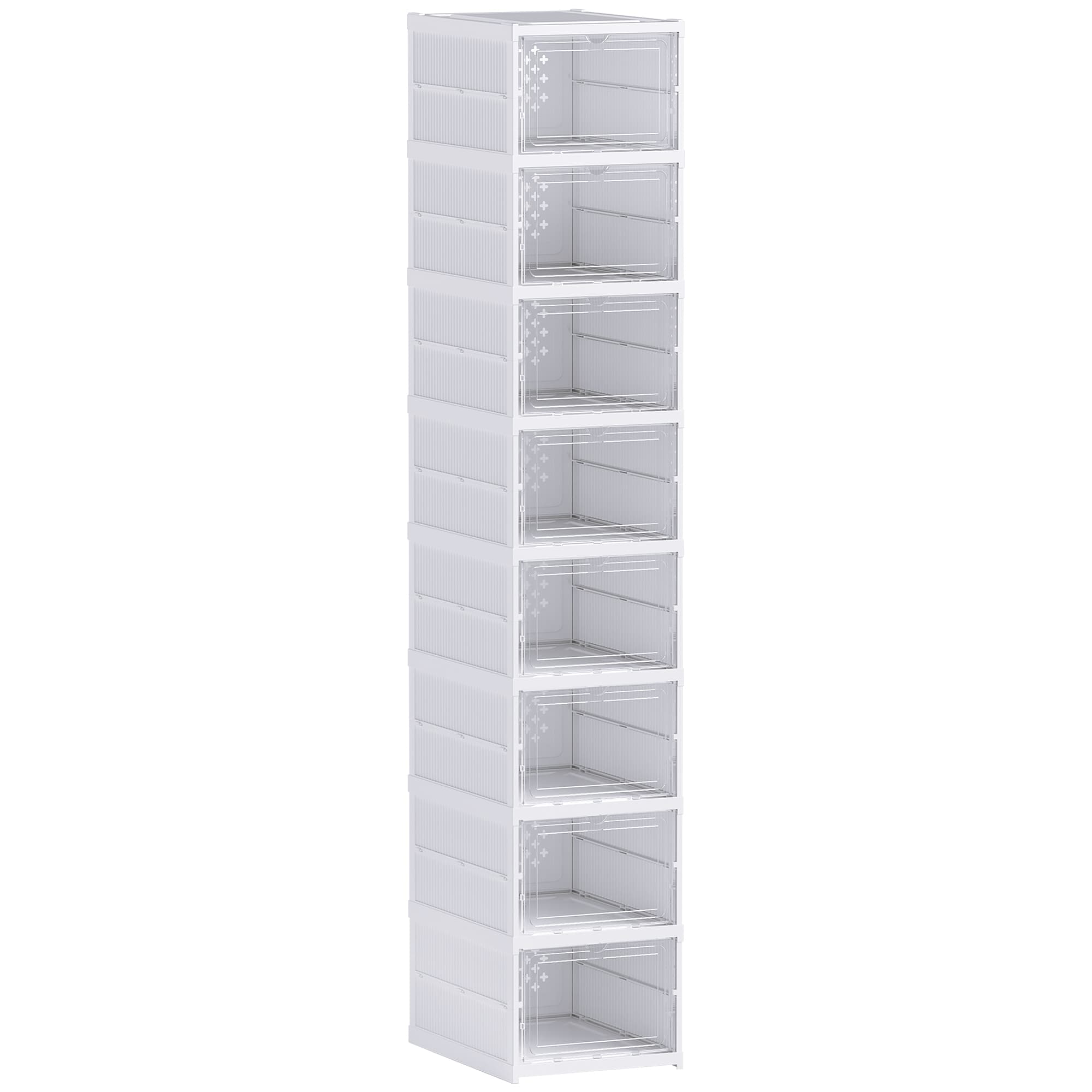 HOMCOM Lot de 8 boîtes à chaussures pliables en plastique empilables avec couvercles, pour pointure jusqu'à 43, blanc