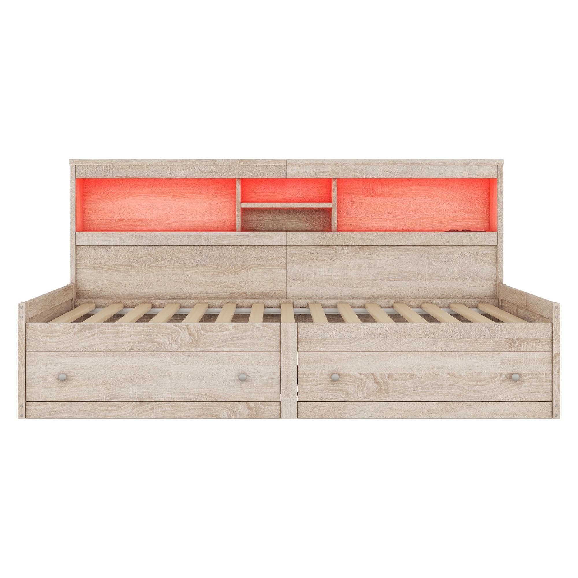 Canapé-lit 90×200 cm avec port USB, éclairage LED et deux tiroirs, sans matelas, Naturel