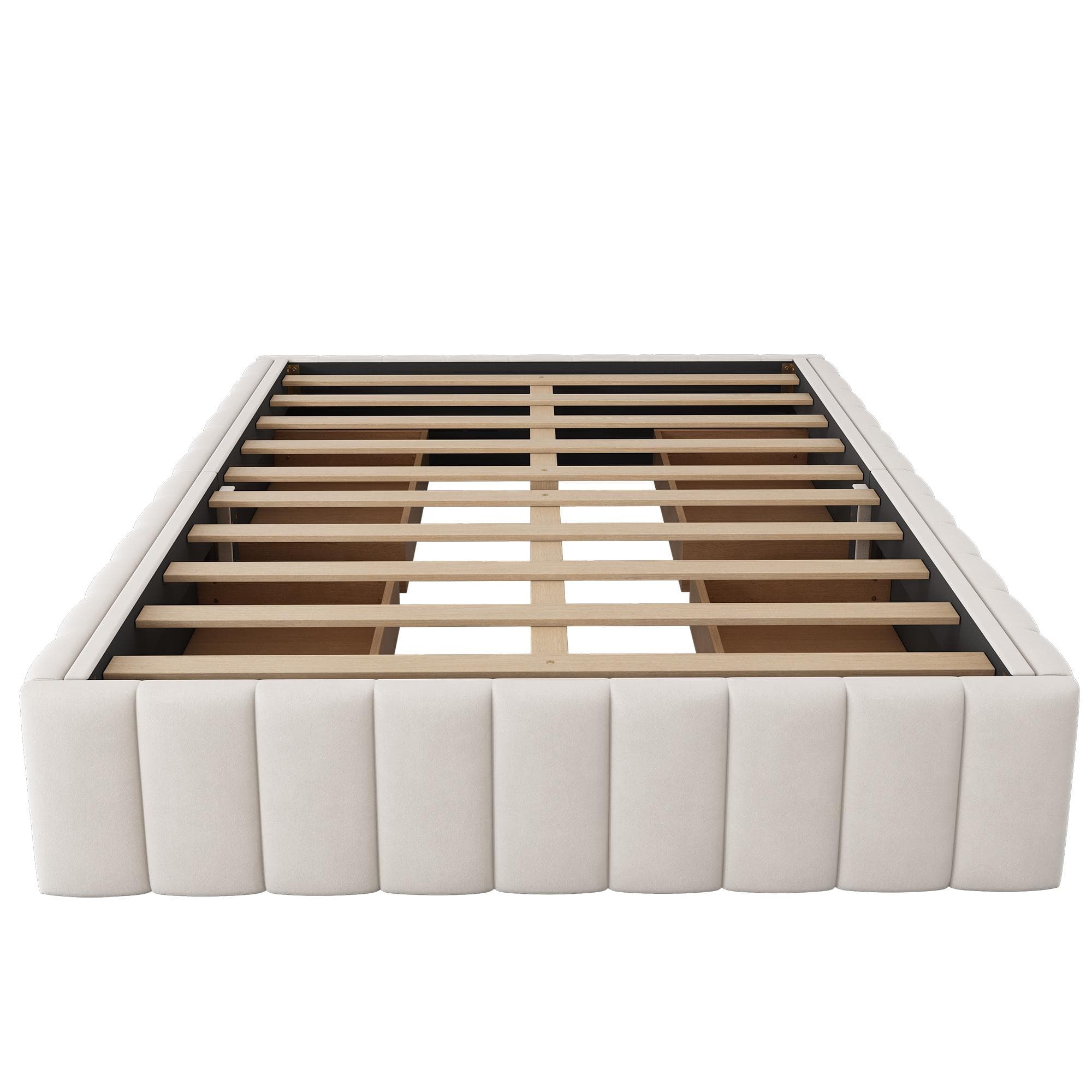 Lit rembourré 140x200 cm avec sommier à lattes, design minimaliste sans tête de lit, 4 tiroirs pour rangement, sans matelas, Beige Aosom France