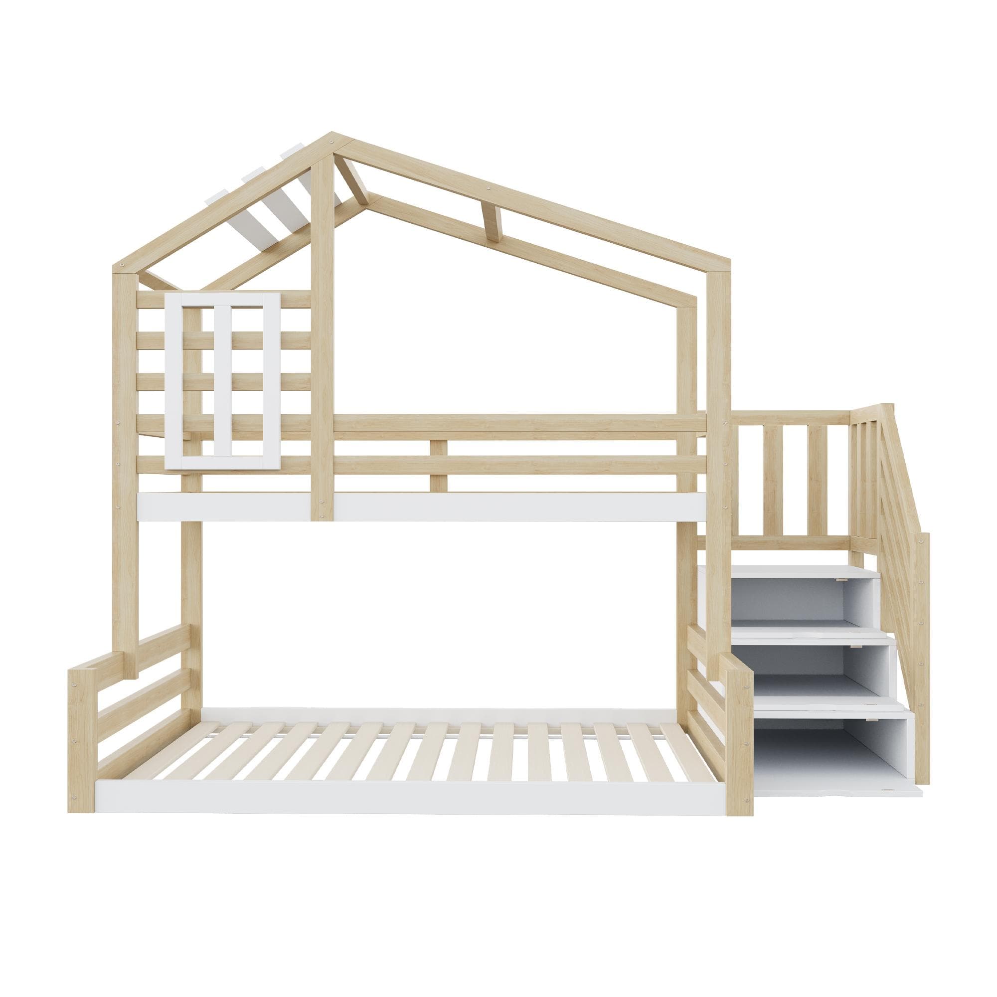 Lit superposé en bois avec design de fenêtre 90×200 cm, avec escalier avec rangement,sans matelas, Naturel