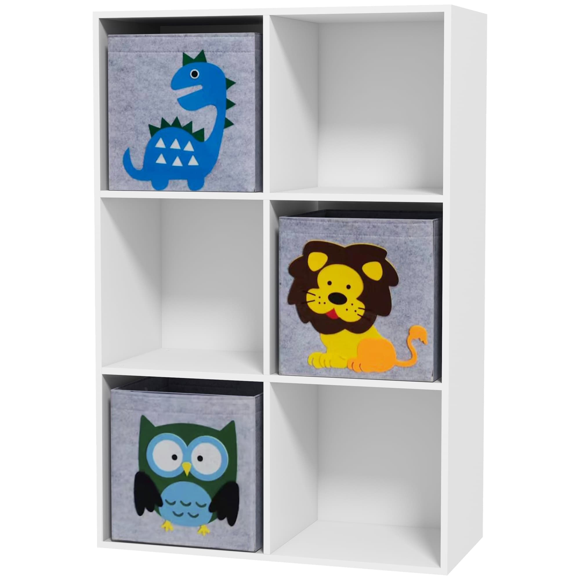 ZONEKIZ Étagère Enfant 6 Casiers + 3 Paniers Tissu Motifs Animaux Rangement Blanc Aosom France