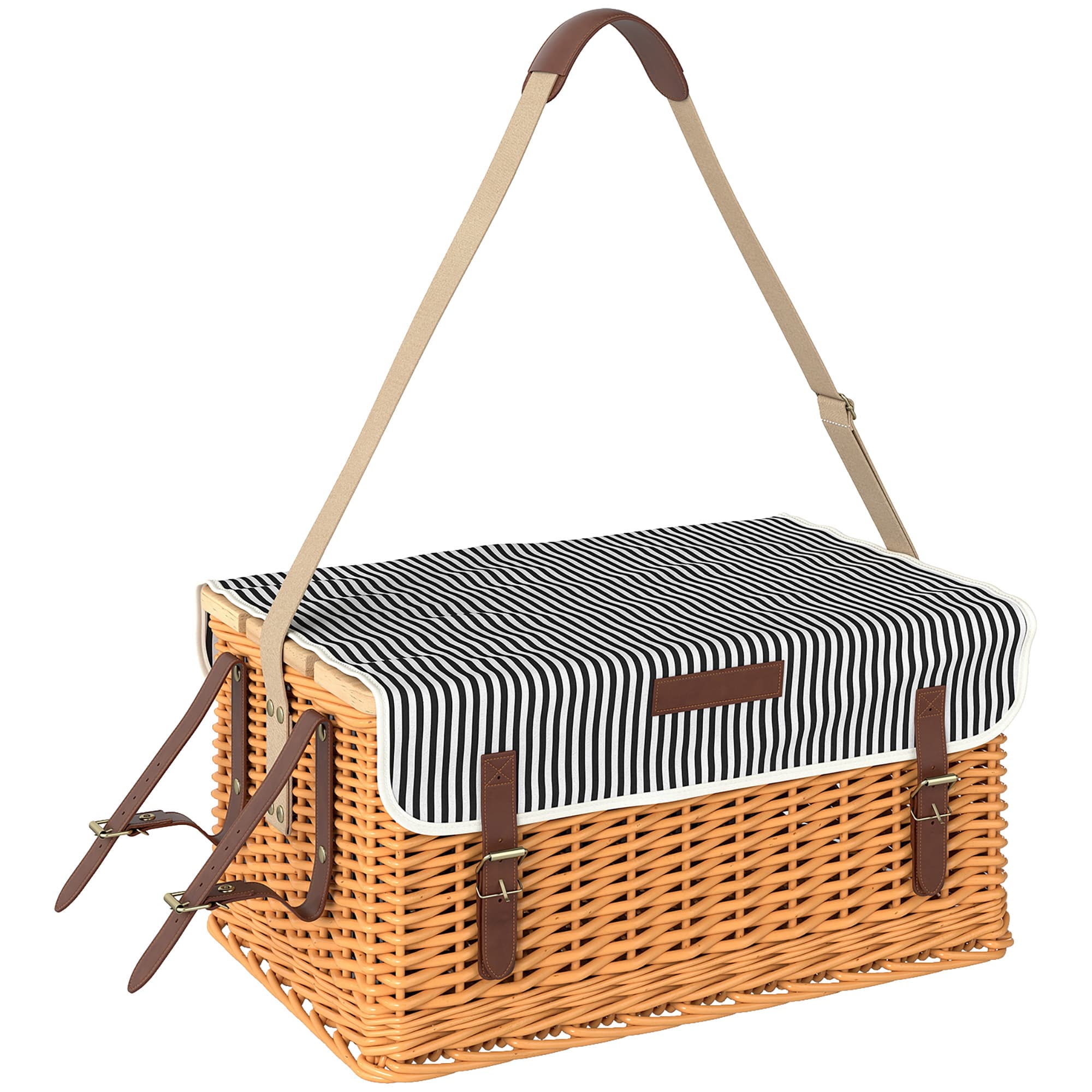 Outsunny Panier pique-nique en osier 4 personnes avec table à vin en pin panier de pique-nique avec sangle ajustable marron clair