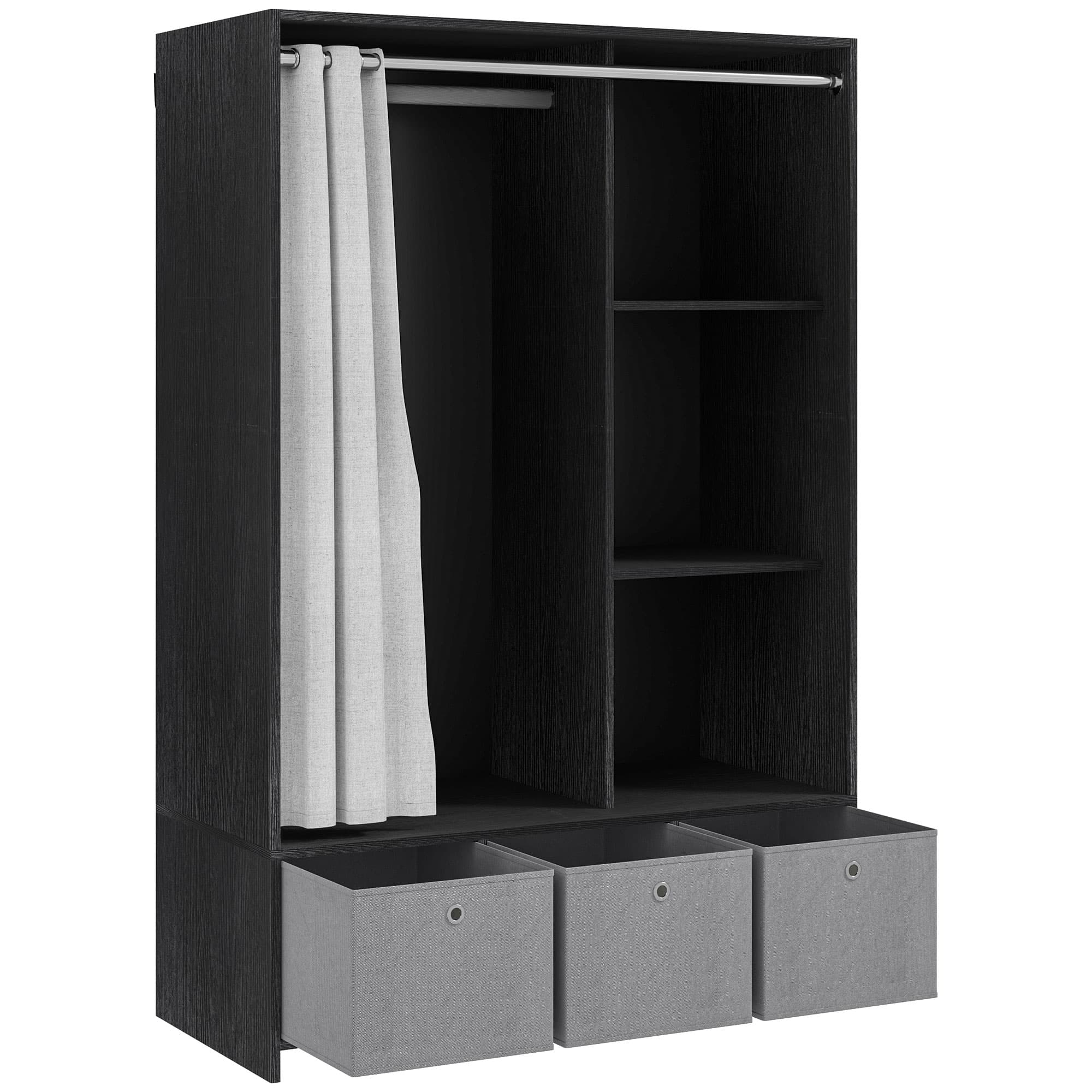 HOMCOM Armoire penderie armoire de rangement avec tringle rideaux 3 niches et 3 tiroirs en tissu amovibles 105 x 48 x 160 cm