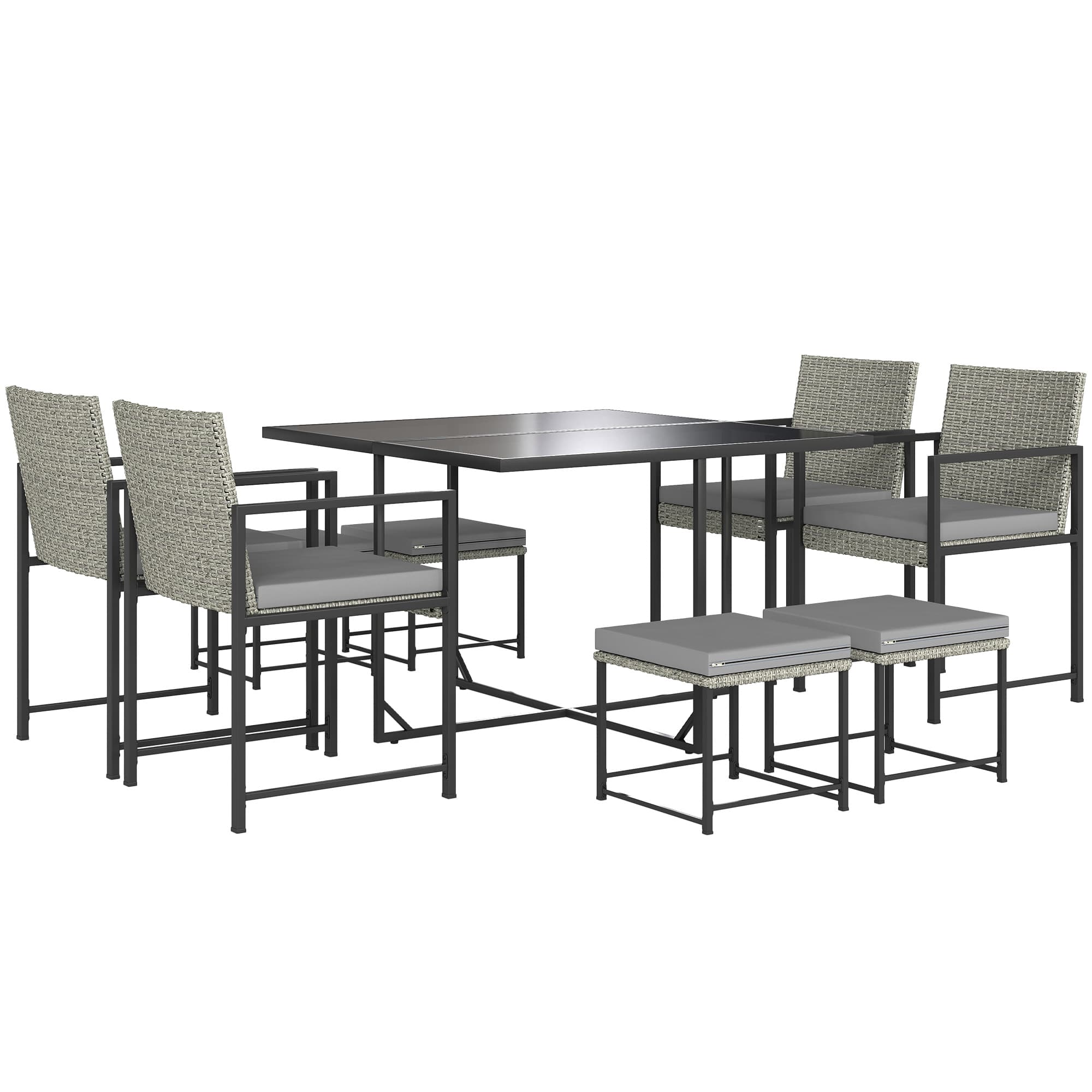 Outsunny Salon de jardin extérieur en résine tressée 8 places avec coussins et plateau en verre trempé, gris