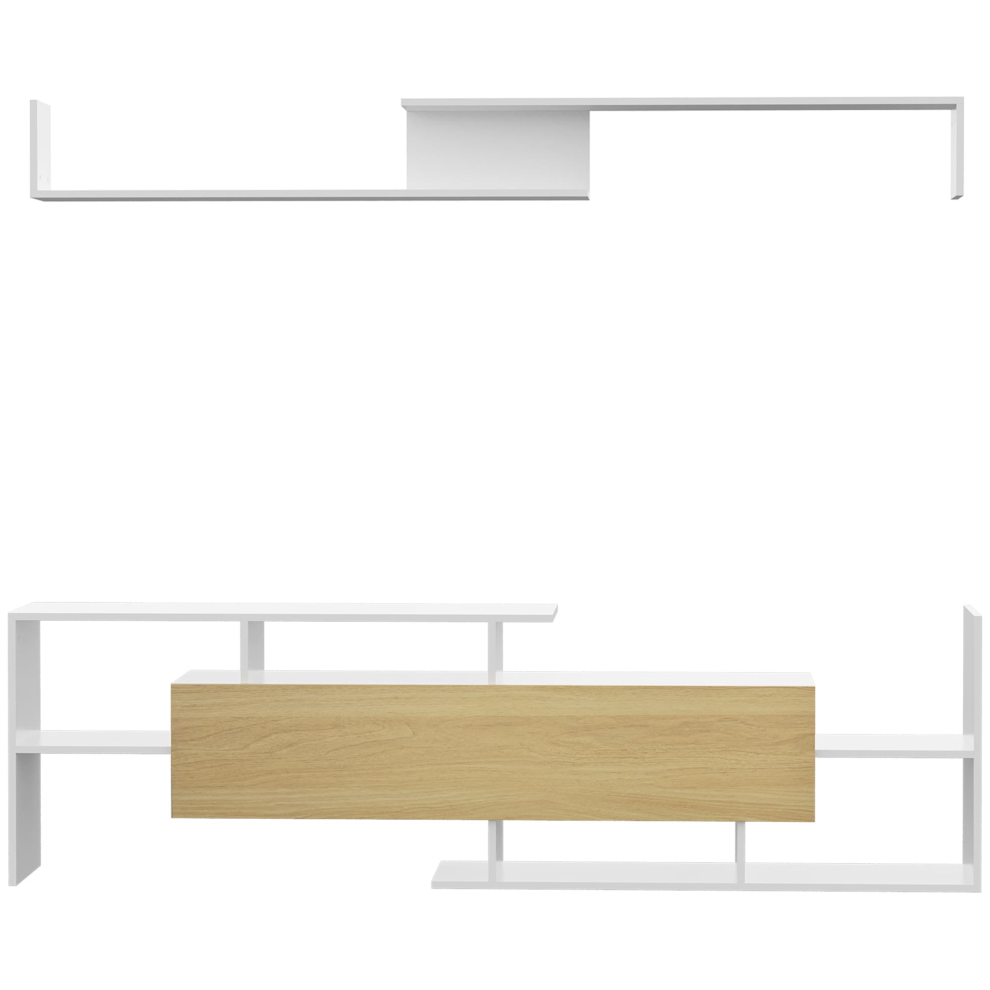 HOMCOM Ensemble meuble TV avec banc et étagère murale style contemporain 153,6L cm - blanc et bois naturel