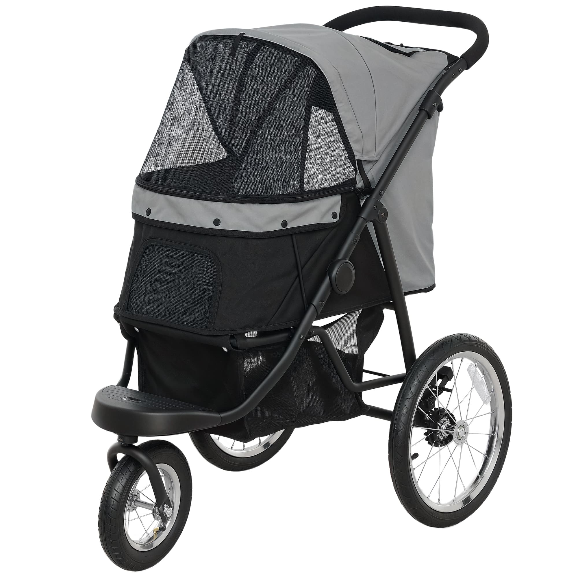 PawHut Poussette pour chien pliable avec panier de rangement, coussin lavable, roues en caoutchouc et auvent réglable, gris