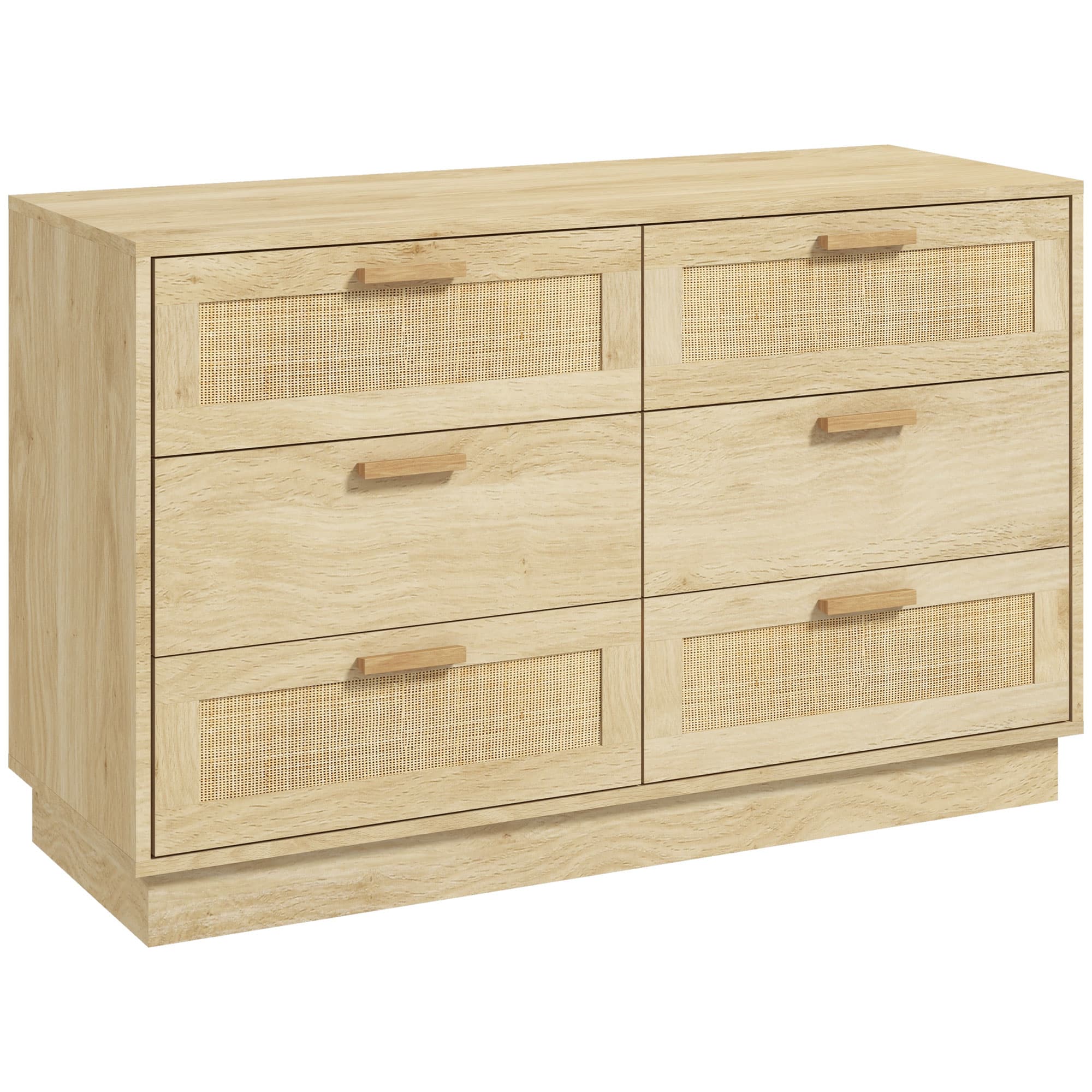 HOMCOM Commode design bohème en rotin avec 6 tiroirs, meuble de rangement pour le salon, le couloir, l'entrée, chêne