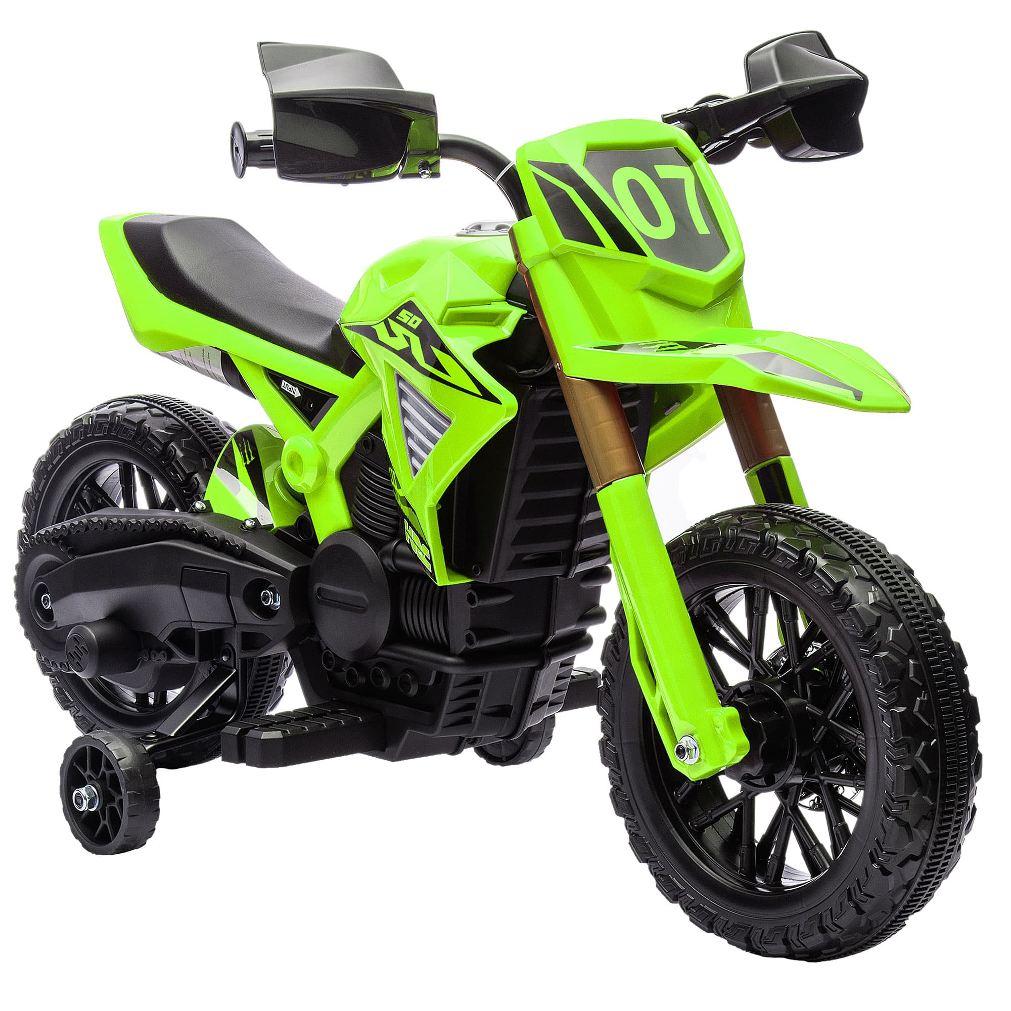 AIYAPLAY Moto électrique pour enfants, 6V Batterie-Antrieb, Roues de support, Klaxon, Bruit de démarrage, 3-8 ans, Vert