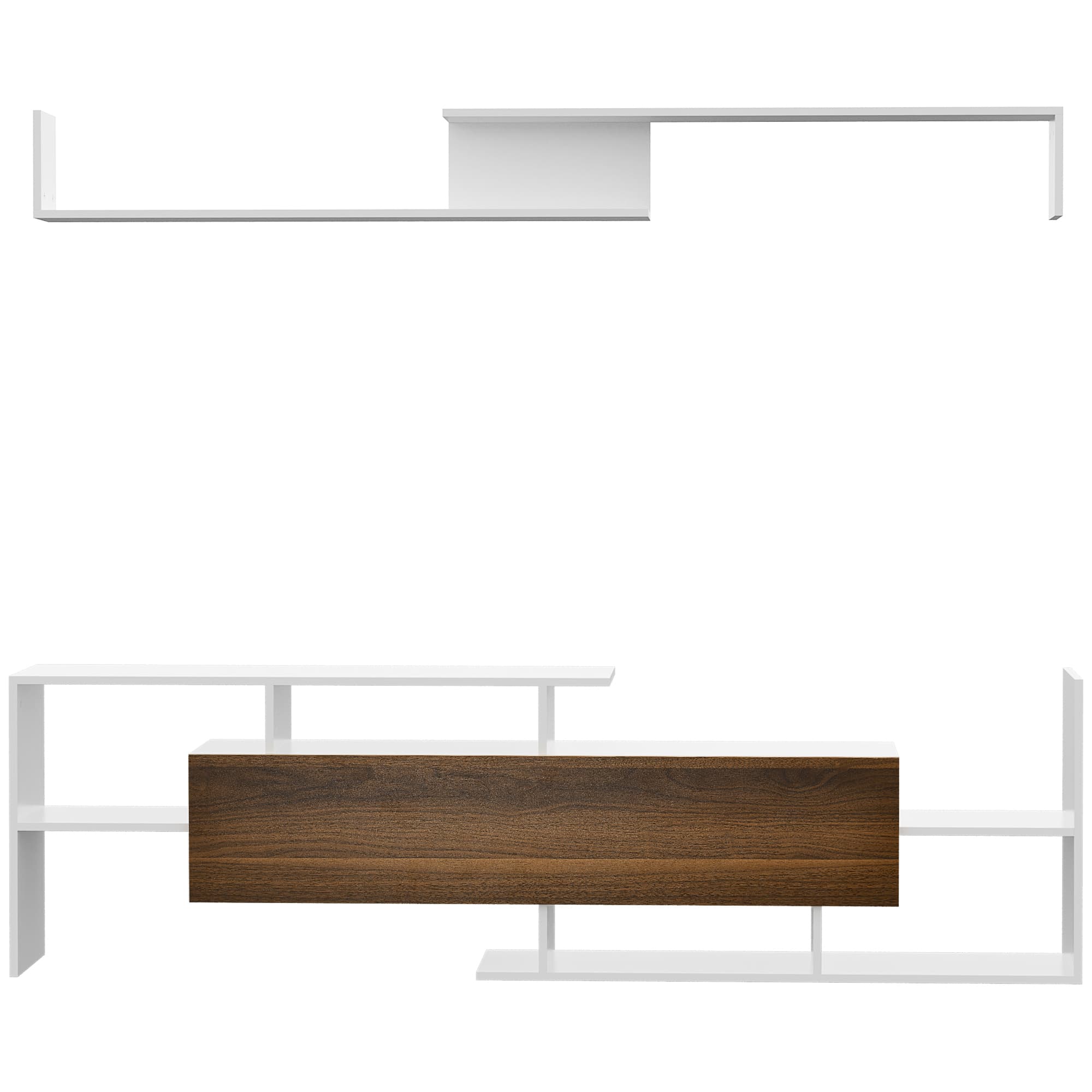 HOMCOM Ensemble meuble TV avec banc et étagère murale style contemporain 153,6L cm - blanc et marron