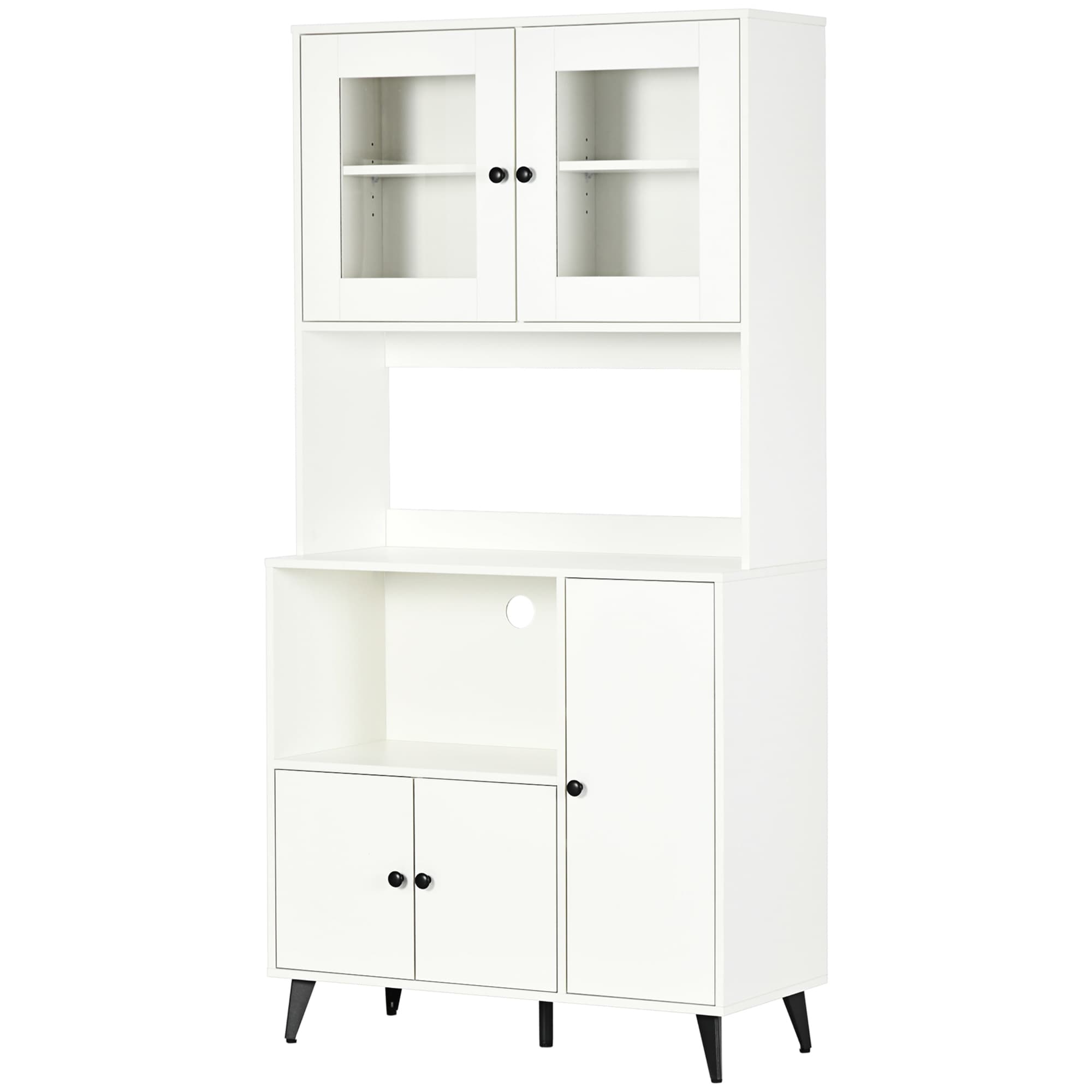 HOMCOM Armoire de cuisine avec 3 placards, niches, étagères réglables, portes vitrées, passe-câble, 90x40x180cm, blanc