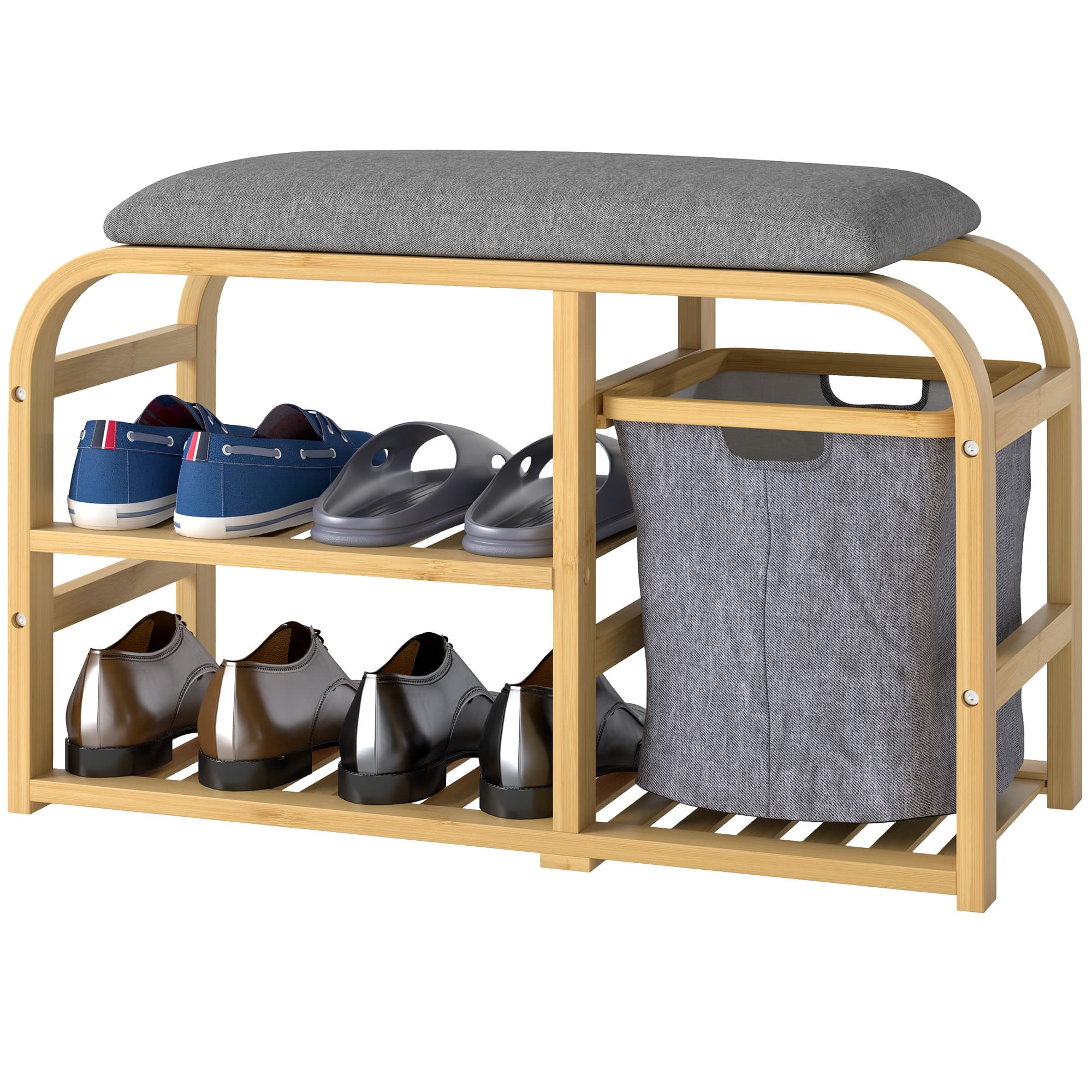 HOMCOM Banc à chaussures avec coussin d'assise, 2 étagères à lattes et panier en tissu coulissant, 70x30x45cm, bois naturel