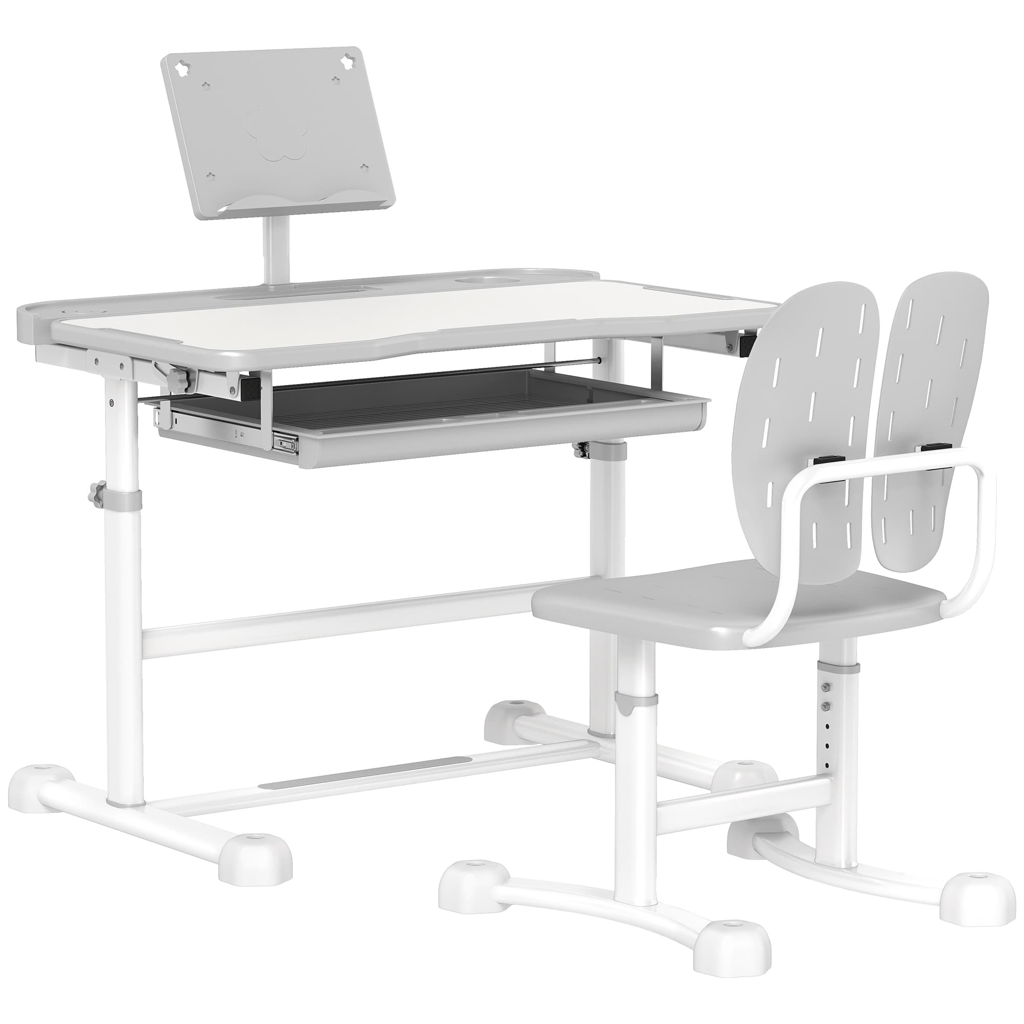 AIYAPLAY Bureau enfant avec chaise réglable en hauteur, plateau incliné 45°, tiroir et support de livre, gris