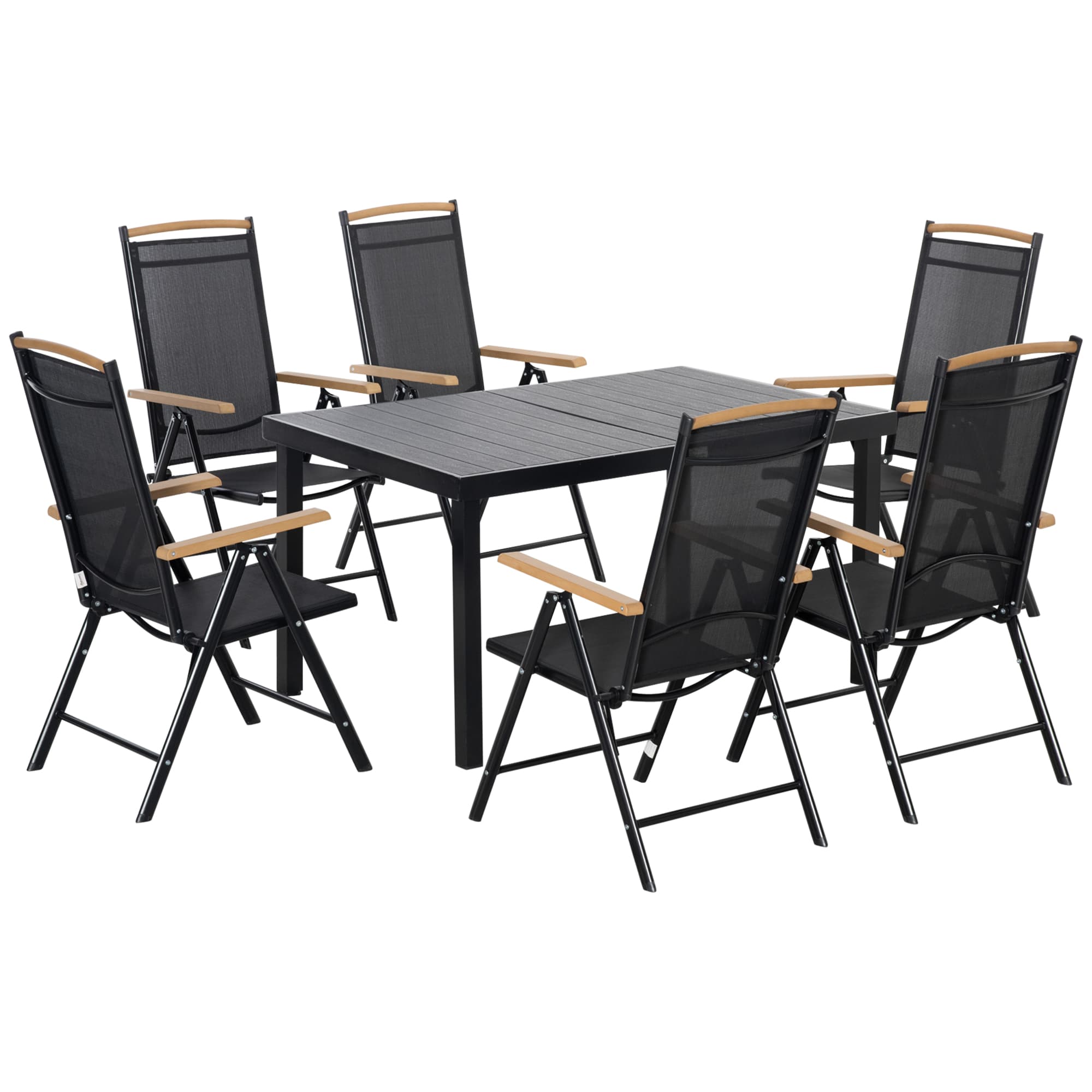 Outsunny Salon de jardin extérieur 6 personnes, cadre en aluminium, table 140 cm, 6 chaises pliables et inclinables, noir