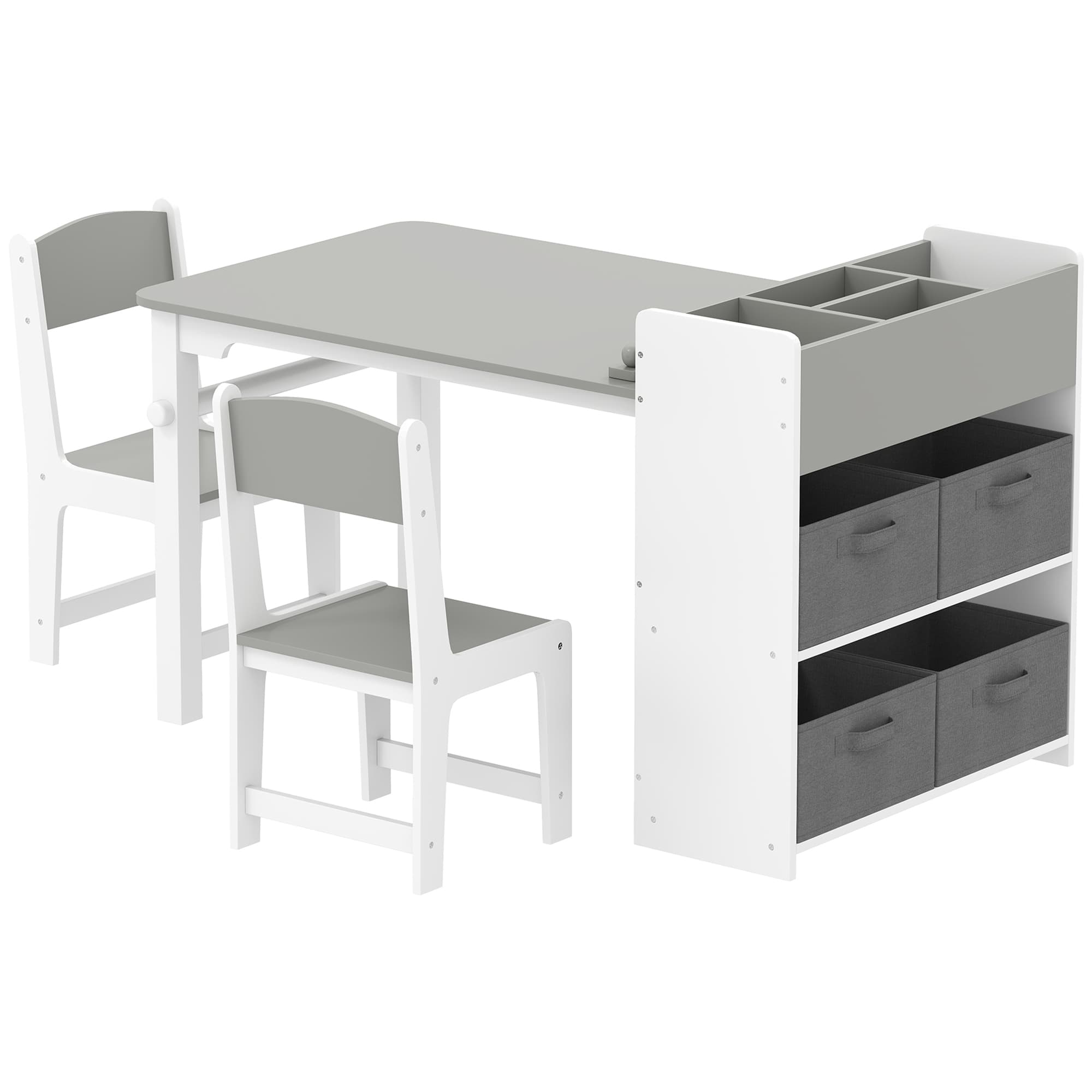 AIYAPLAY Ensemble table et 2 chaises enfant en bois avec rouleau de papier, étagères et tiroirs, pour fille garçon 3-8 ans, gris