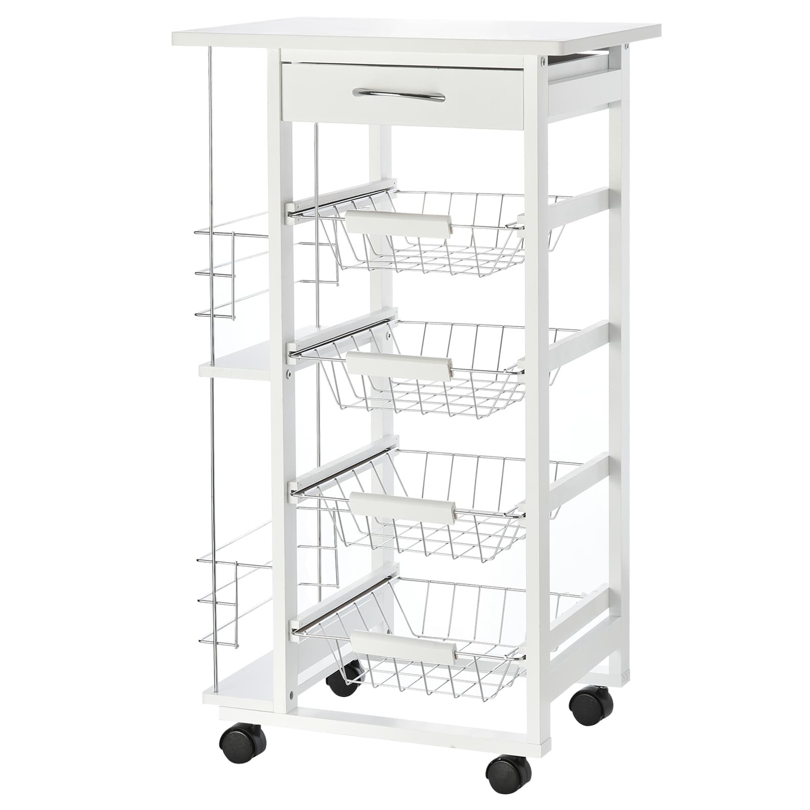 HOMCOM Desserte cuisine à roulettes avec tiroir, 4 paniers et étagères latérales, 47 x 37 x 83 cm, blanc